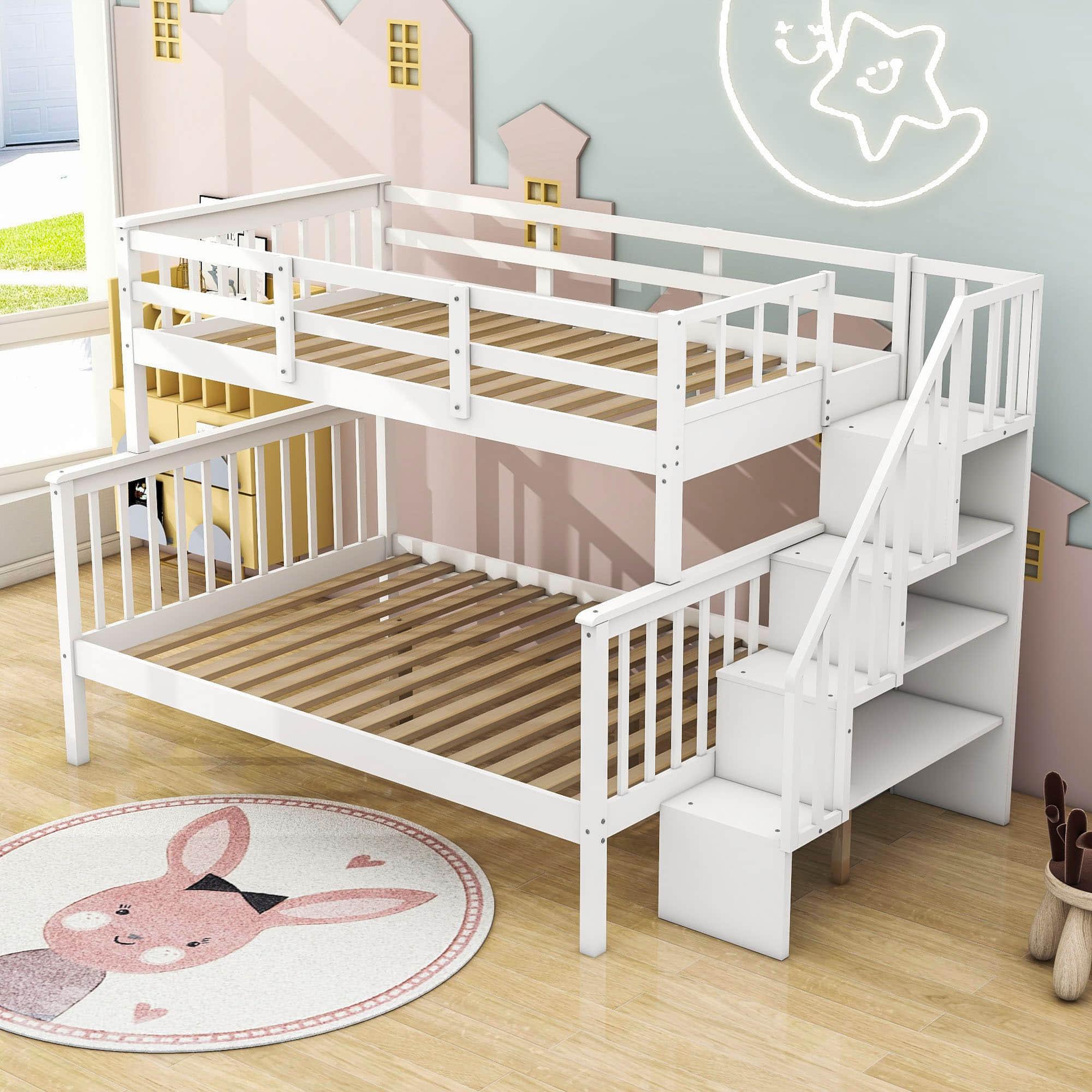 Wood Twin Over Full Bunk Bed with Storage and Stairs - [Shelves, Classic]