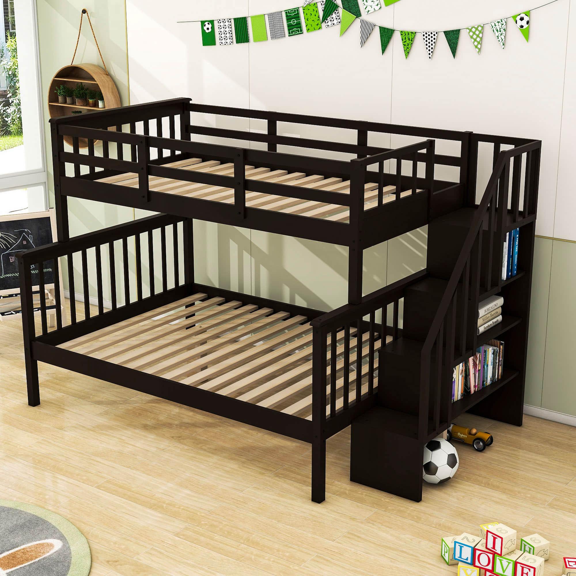 Wood Twin Over Full Bunk Bed with Storage and Stairs - [Shelves, Classic]