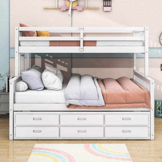 Wooden Twin Over Full Convertible Bunk Beds with Trundle and Storage