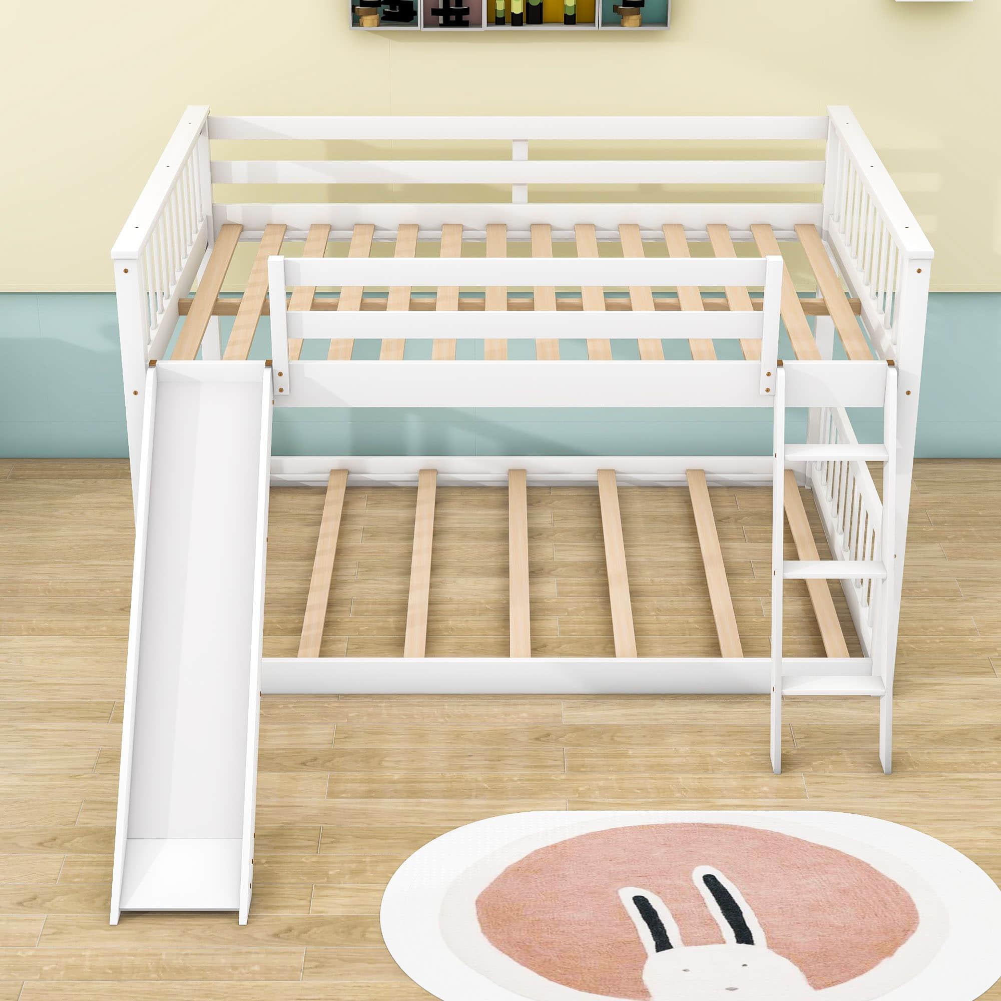 Wood Full over Full Low Bunk Bed with Slide and Ladder - [Convertible, Classic]