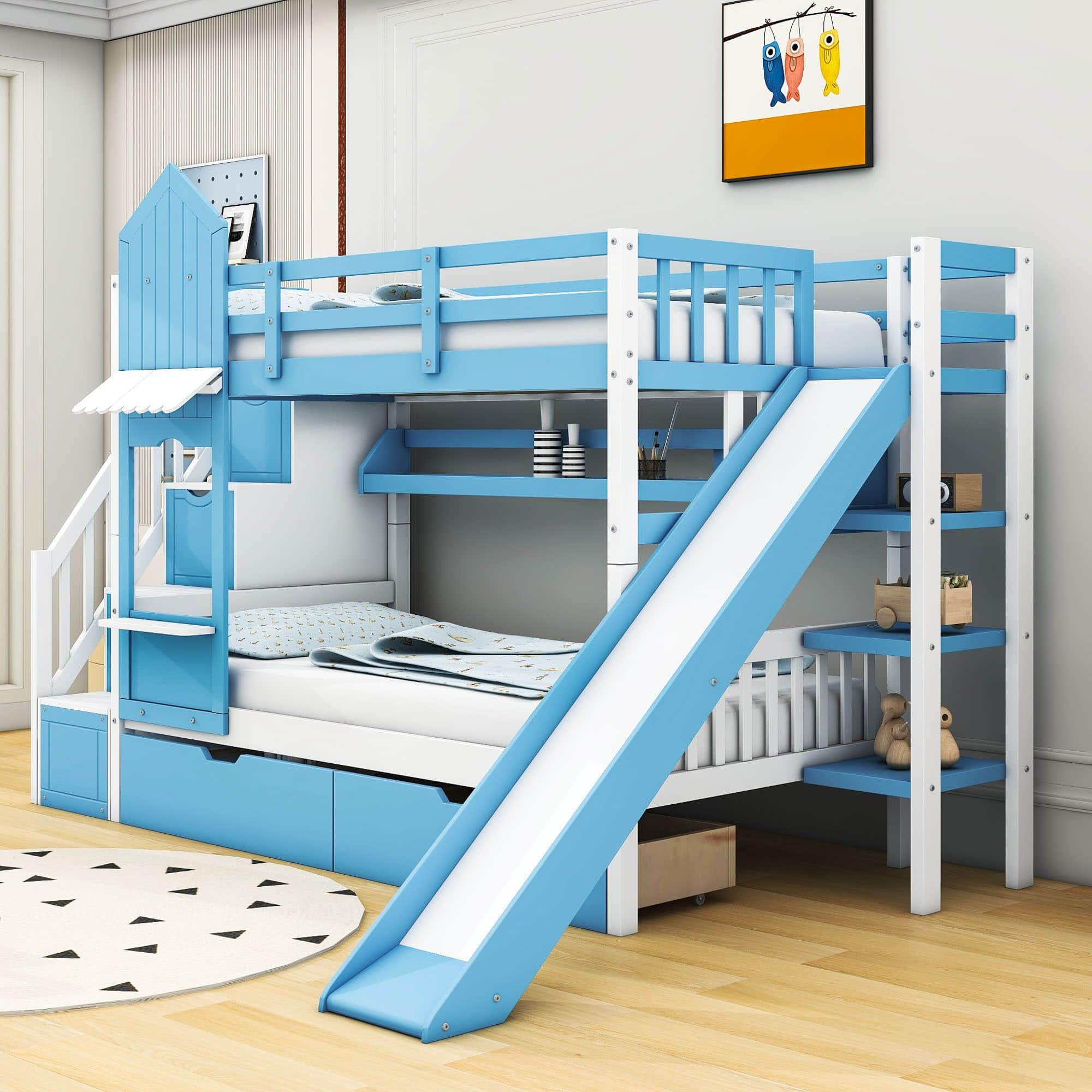 Girls Twin Over Twin Castle Bunk Bed with Slide and Stairs, Storage