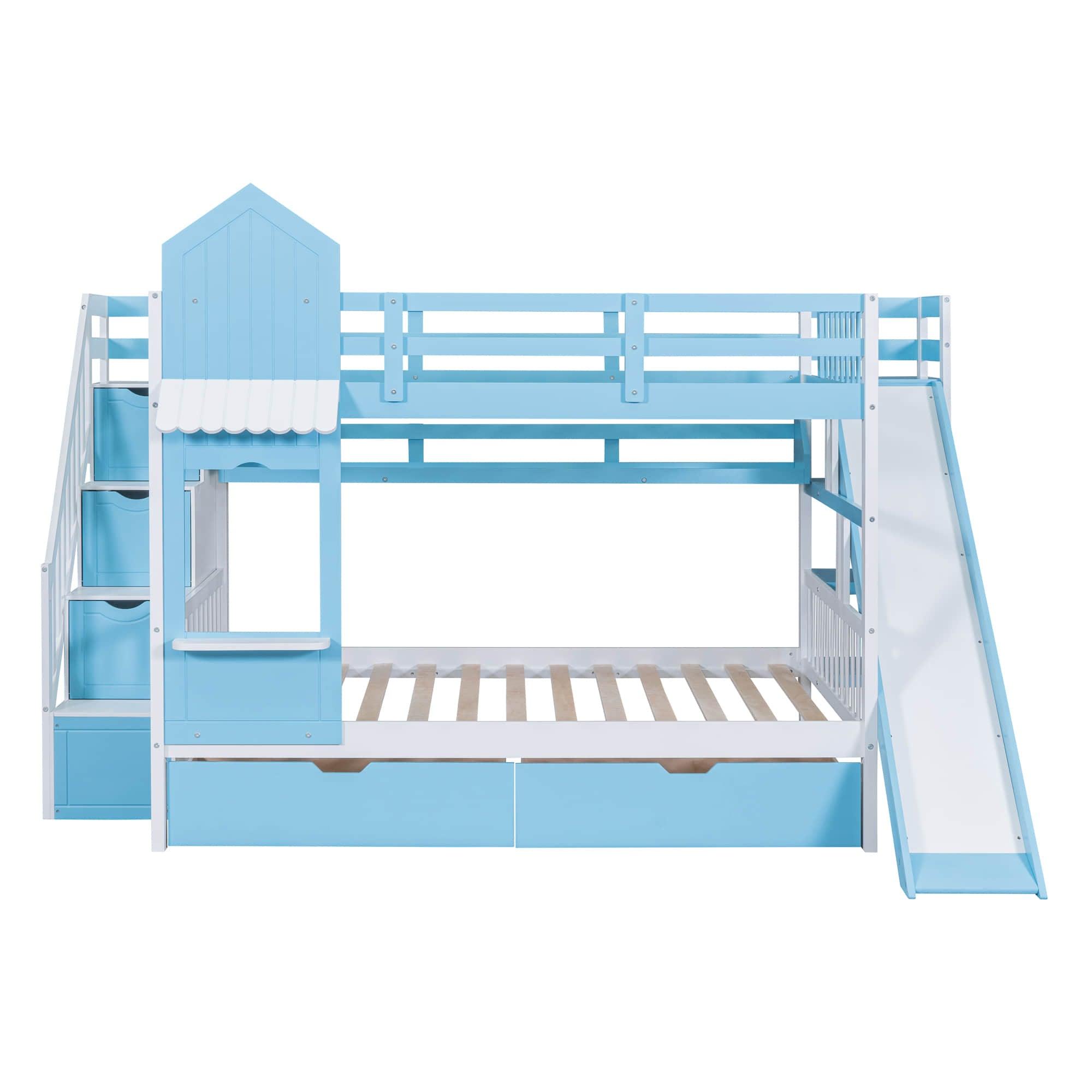 Full Over Full Castle Bunk Beds with Stairs and Slide for Girls, Boys