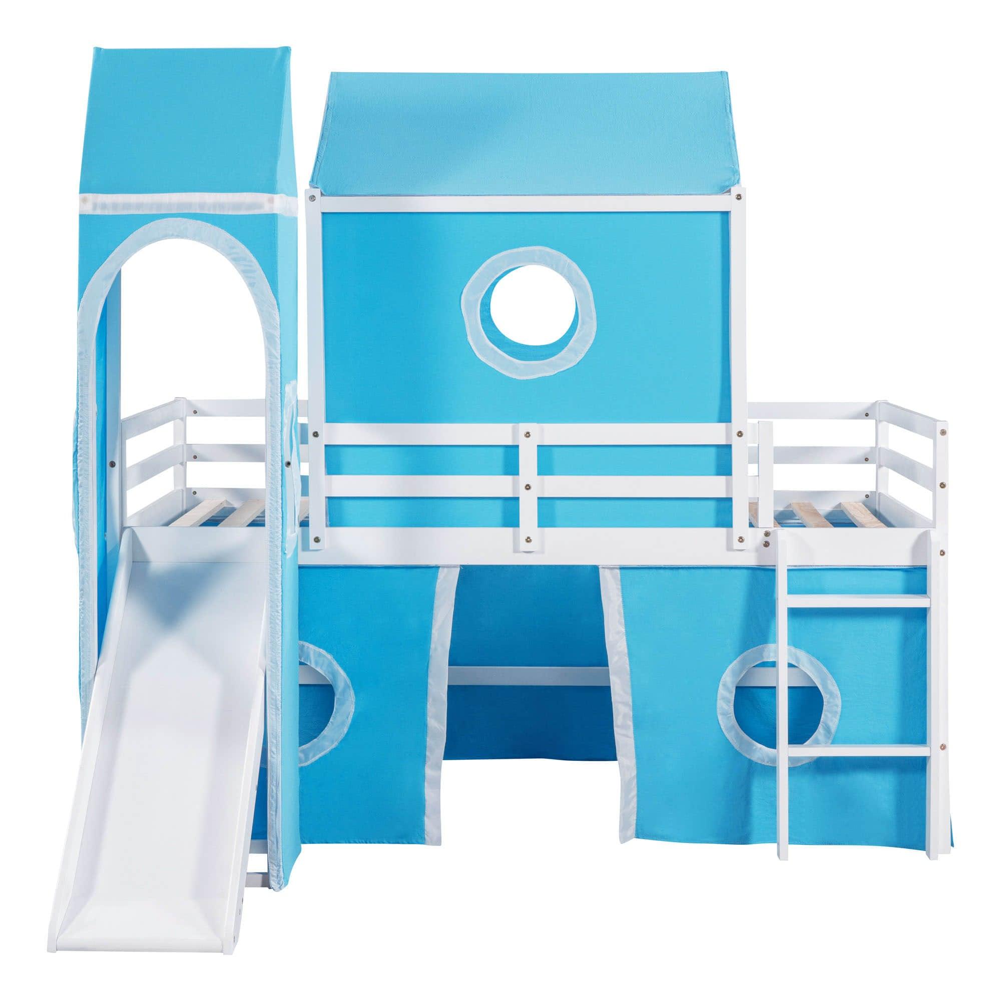 Low Twin Over Twin Bunk Beds with Slide for Kids Toddler - [Wooden, Tent, Tower]