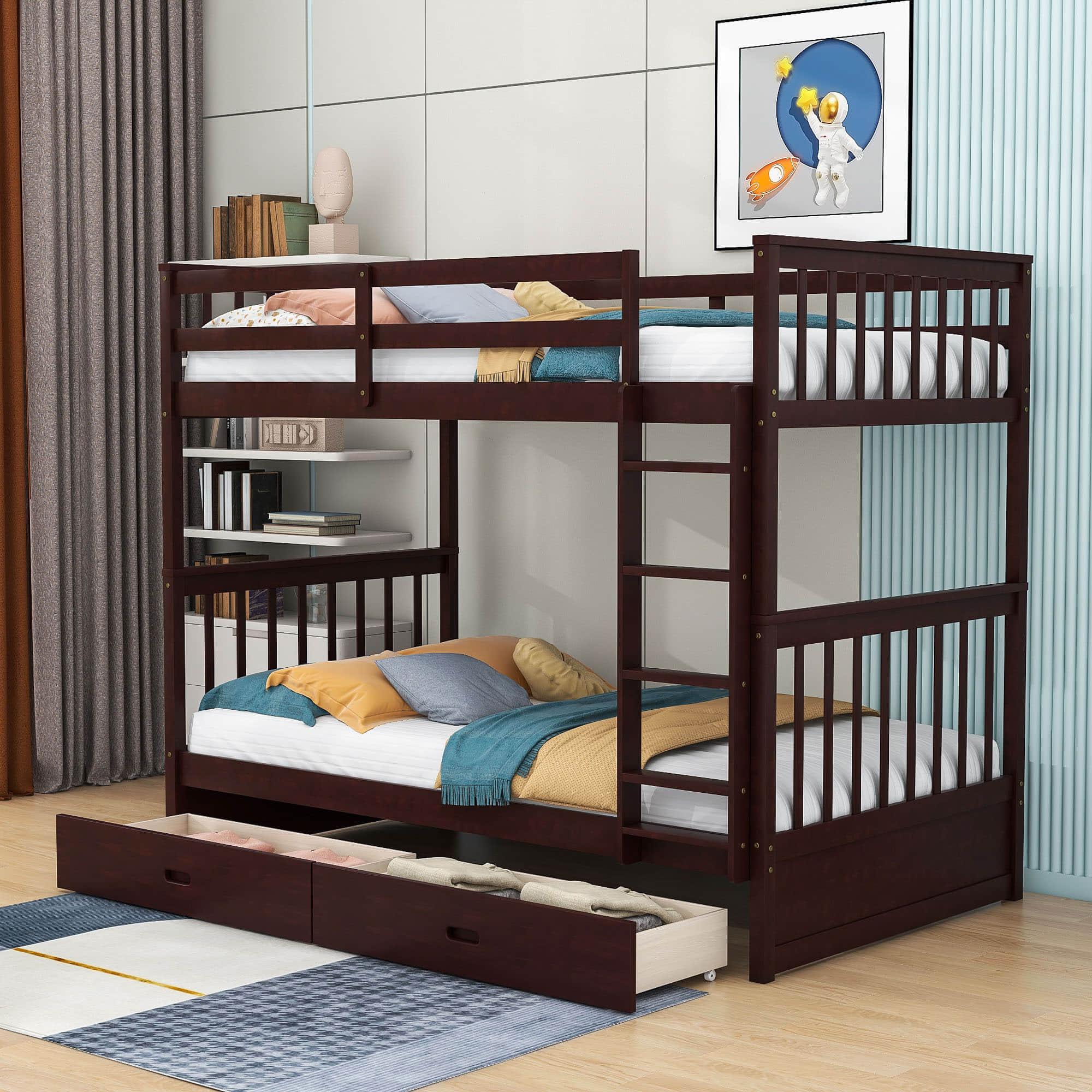 Wooden Twin Over Twin Bunk Beds with Storage Drawers - [Convertible]