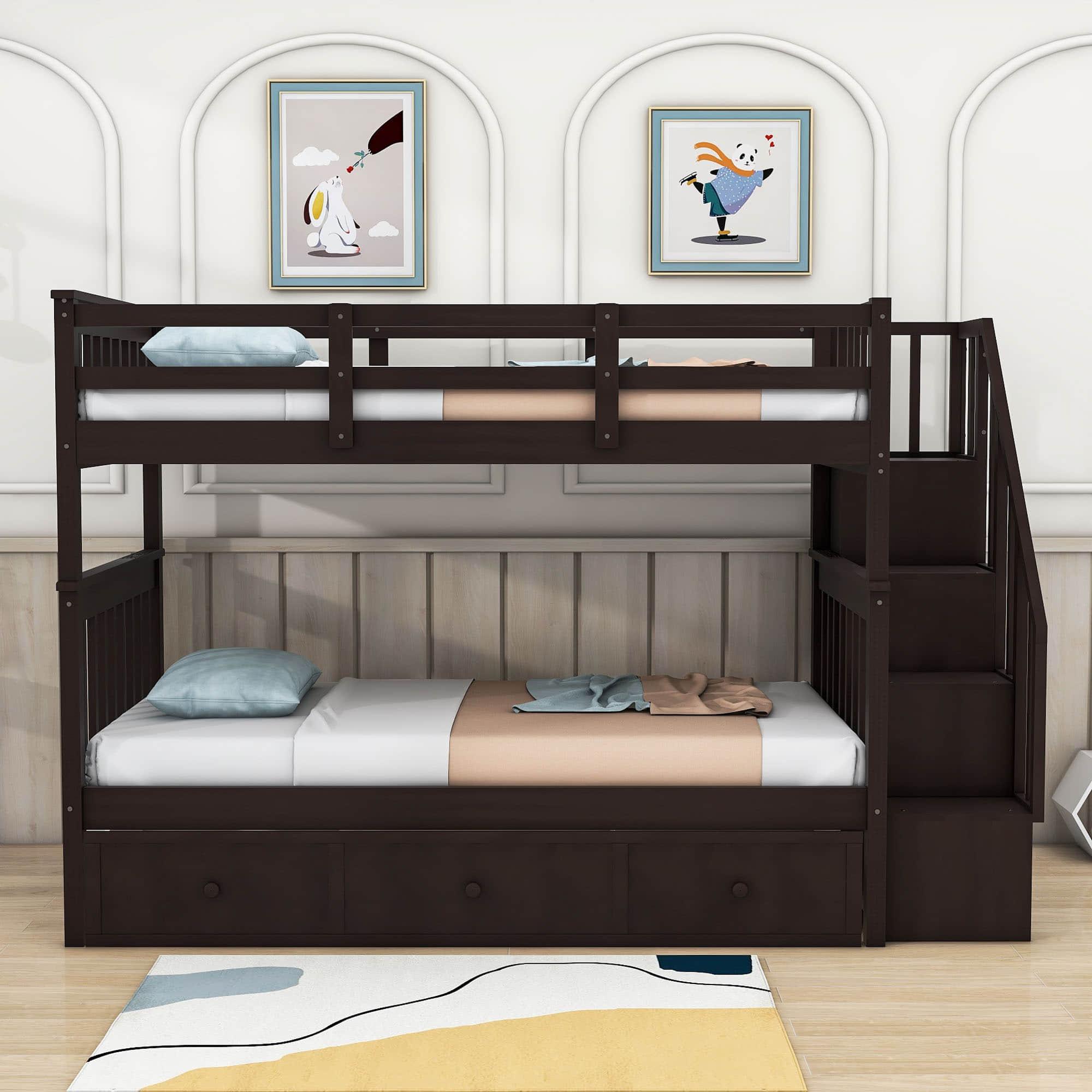 Twin Over Twin Bunk Bed With Stairs and Storage - [Drawers, Shelves, Wood]