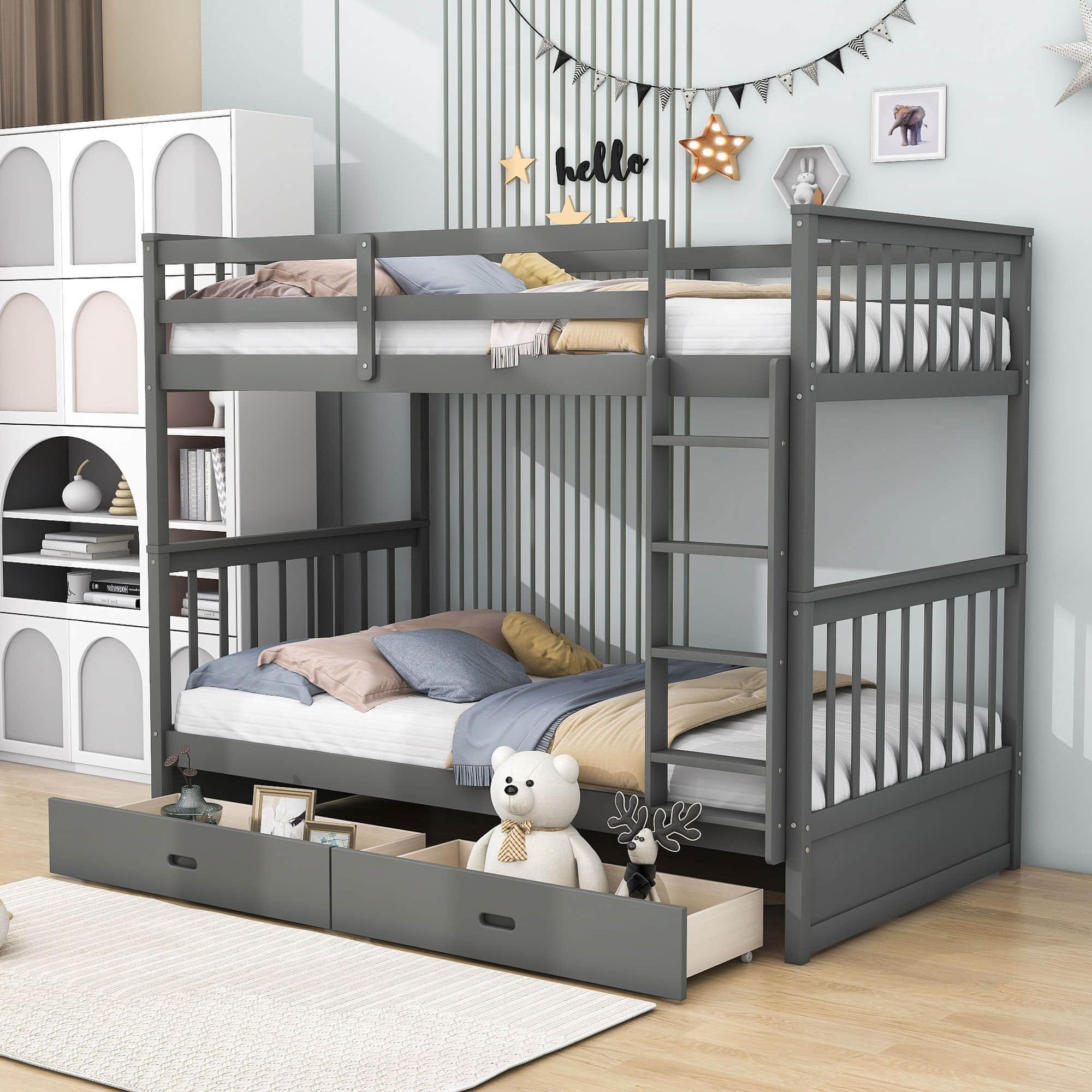 Wooden Twin Over Twin Bunk Beds with Storage Drawers - [Convertible]