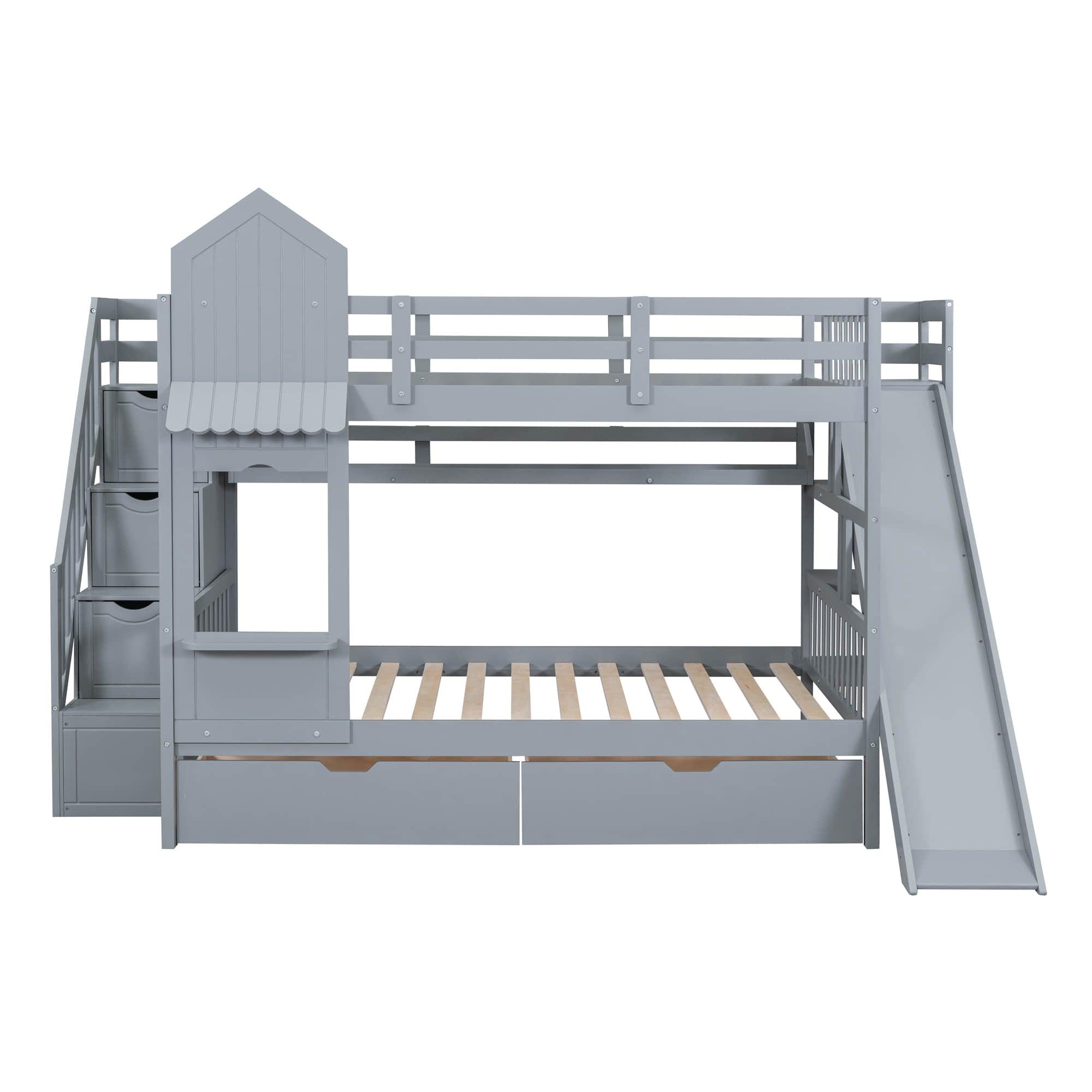 Full Over Full Castle Bunk Beds with Stairs and Slide for Girls, Boys