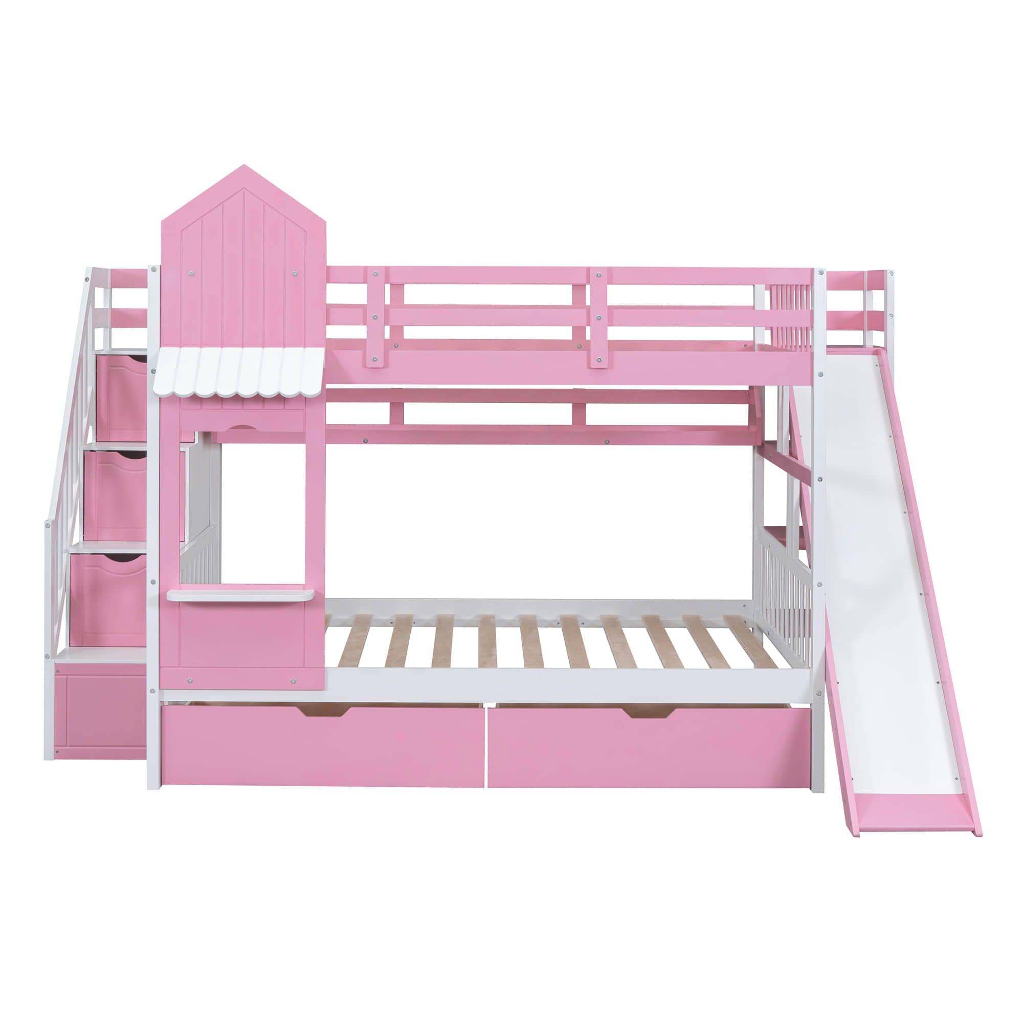 Full Over Full Castle Bunk Beds with Stairs and Slide for Girls, Boys