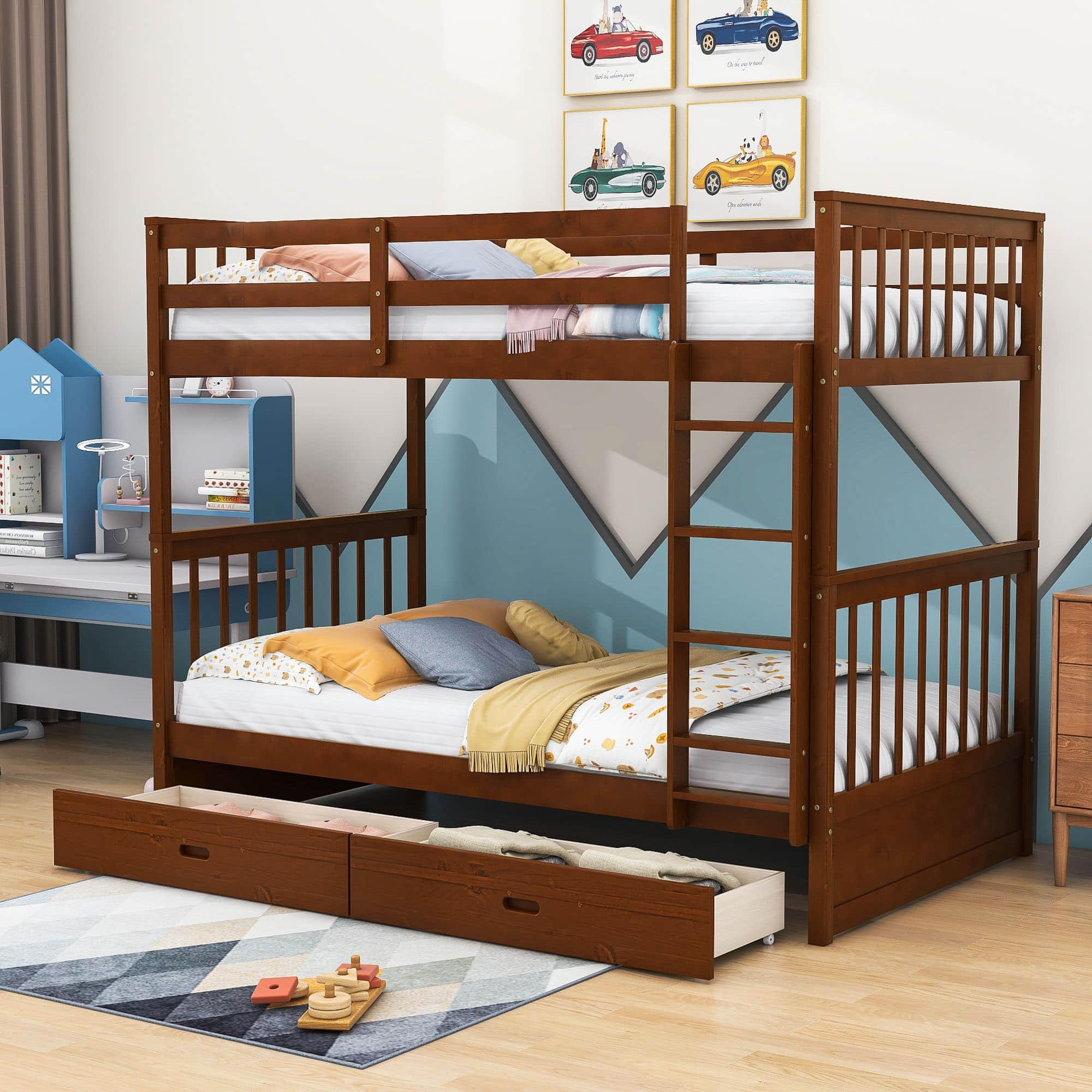 Wooden Twin Over Twin Bunk Beds with Storage Drawers - [Convertible]