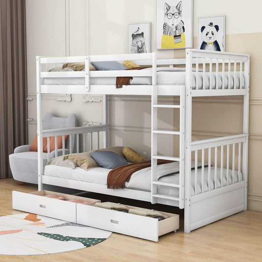 Wooden Twin Over Twin Bunk Beds with Storage Drawers - [Convertible]