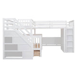 Twin Over Full Loft Triple Bunk Beds with Desk and Storage Stairs - [Drawers, Wardrobe]