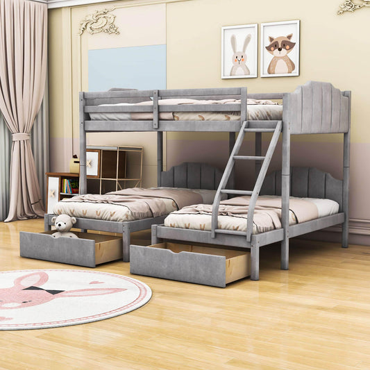 Upholstered Full Over Twin & Twin Triple Bunk Bed with Storage - [Drawers, L-Shaped]