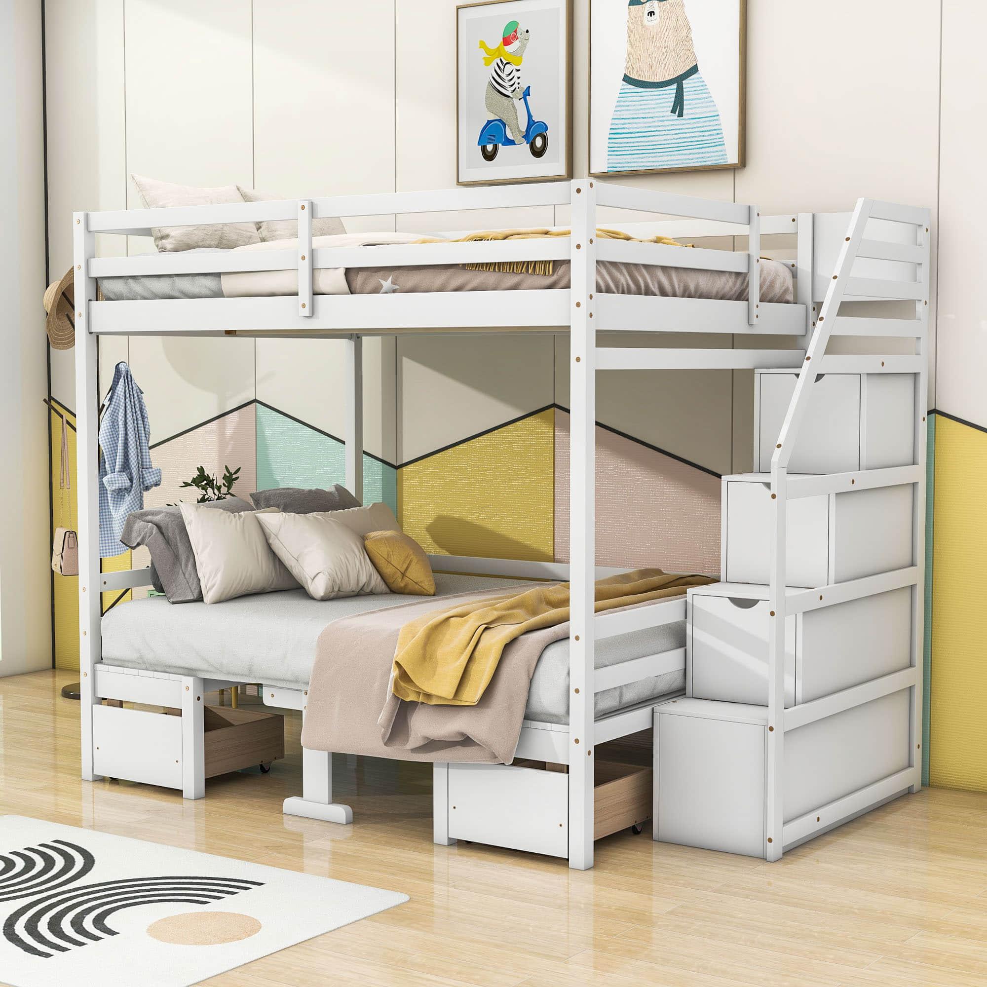 Convertible Full Over Full Bunk Beds with Stairs and Storage - [Wooden]