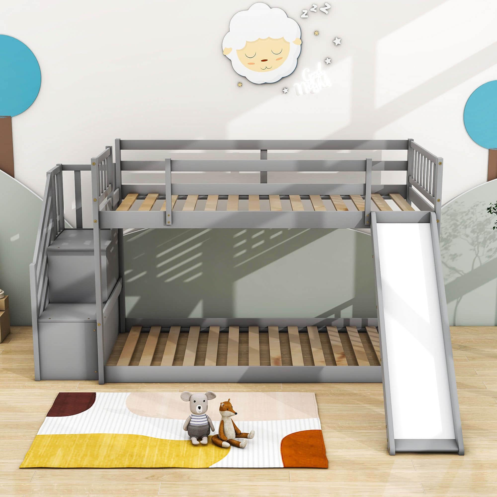 Low Twin Over Twin Toddler Bunk Beds with Stairs and Slide - [Floor]