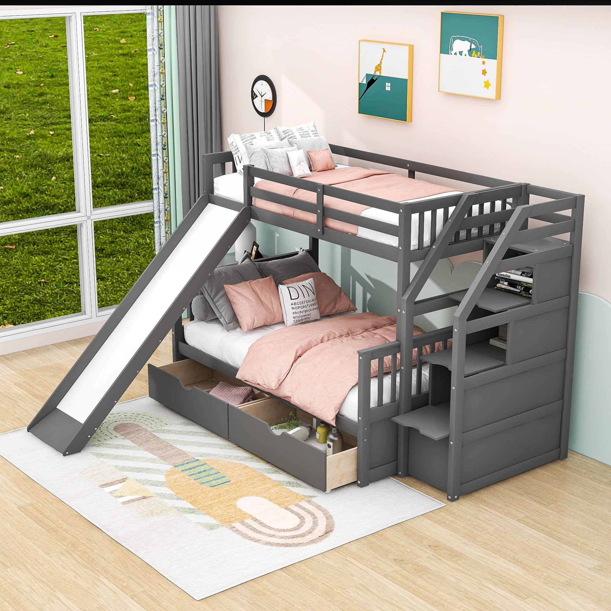 Twin Over Full Bunk Beds with Slide and Stairs, Storage for Kids - [Drawers, Cabinet]