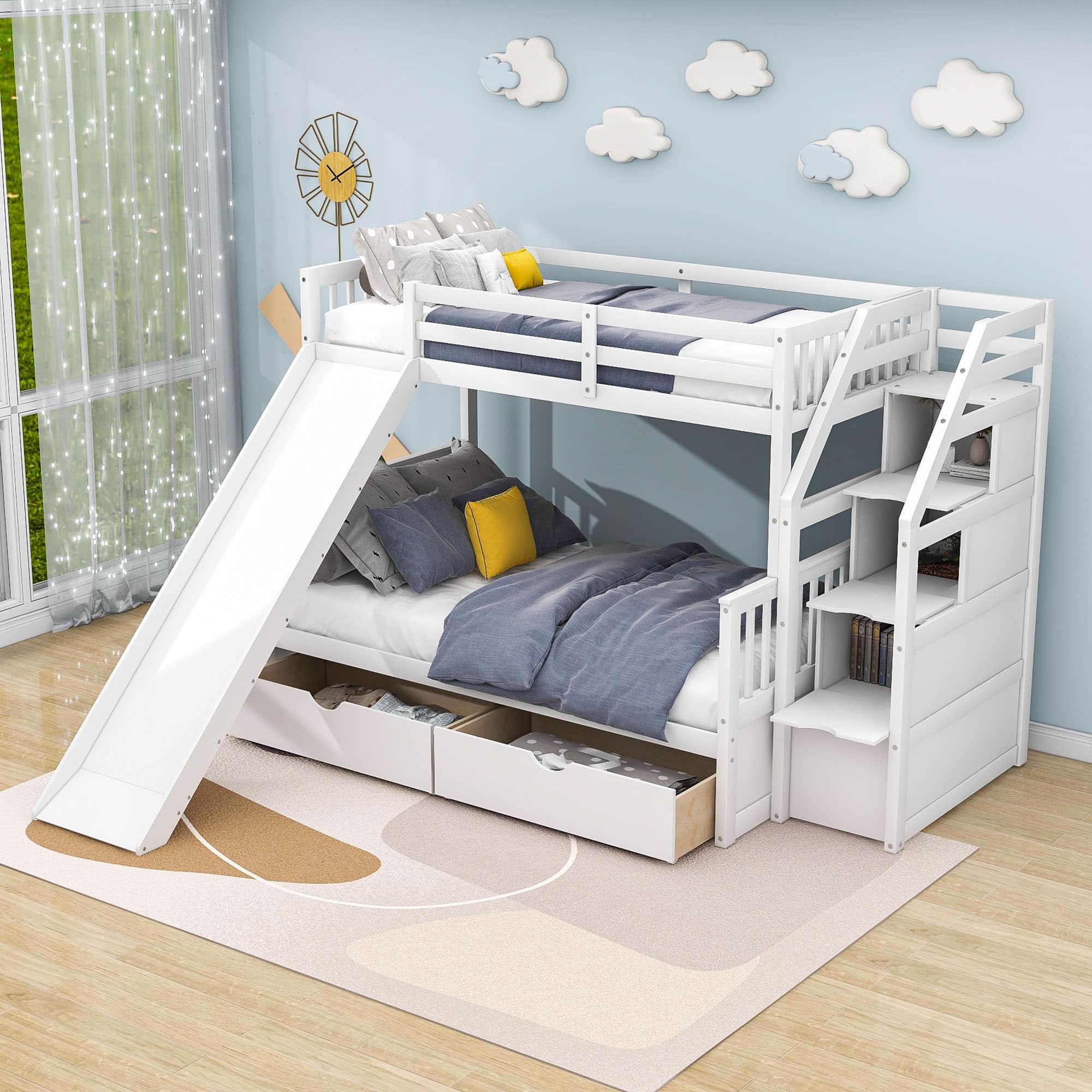 Twin Over Full Bunk Beds with Slide and Stairs, Storage for Kids - [Drawers, Cabinet]