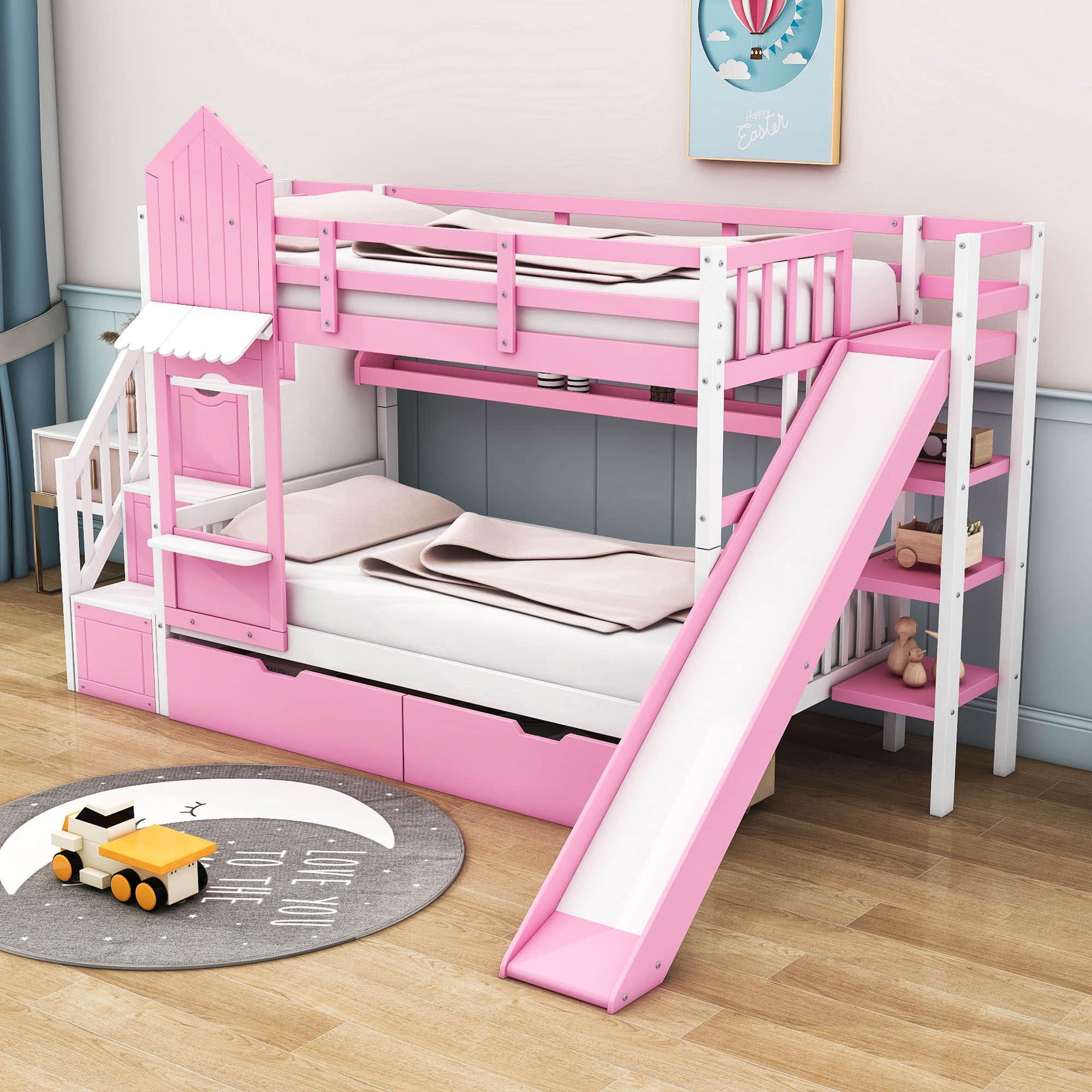 Girls Twin Over Twin Castle Bunk Bed with Slide and Stairs, Storage