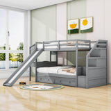 Low Twin Over Twin Bunk Bed with Desk and Stairs, Slide, Storage