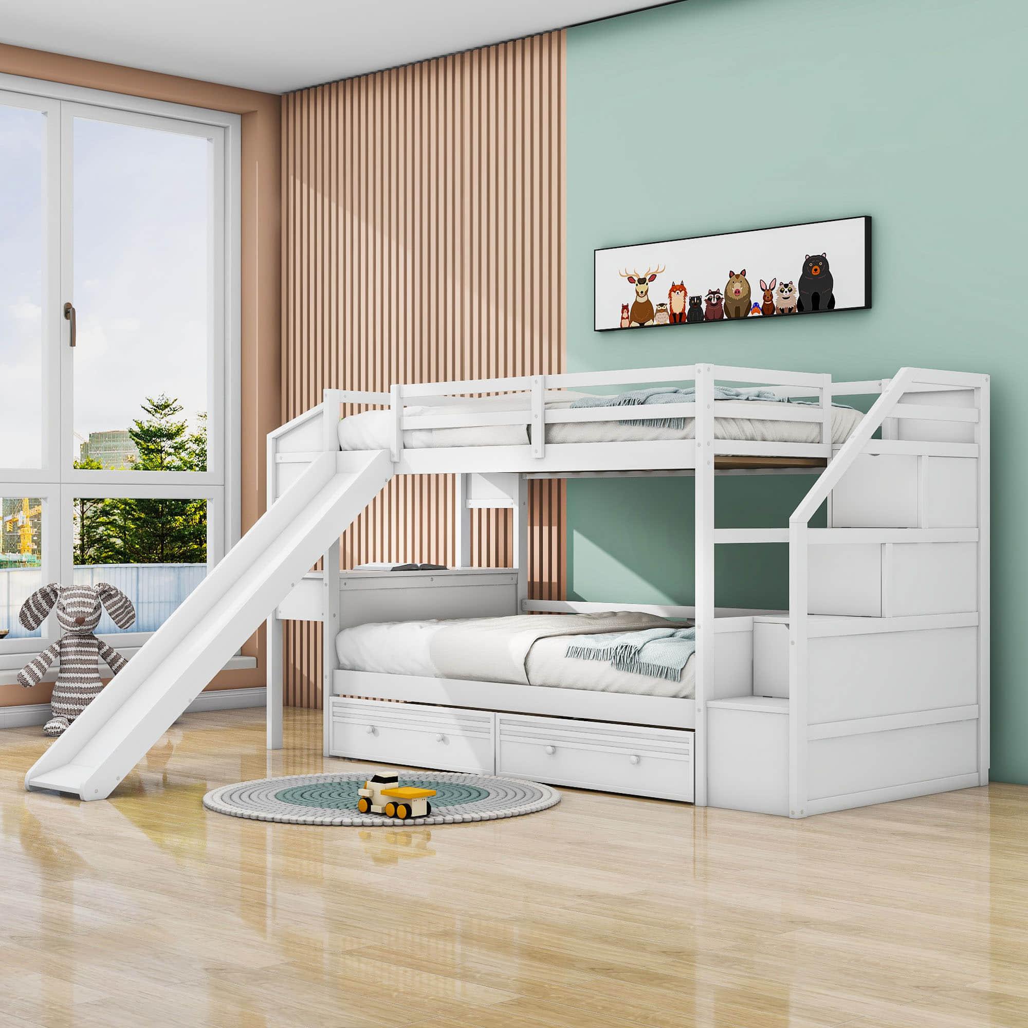 Low Twin Over Twin Bunk Bed with Desk and Stairs, Slide, Storage