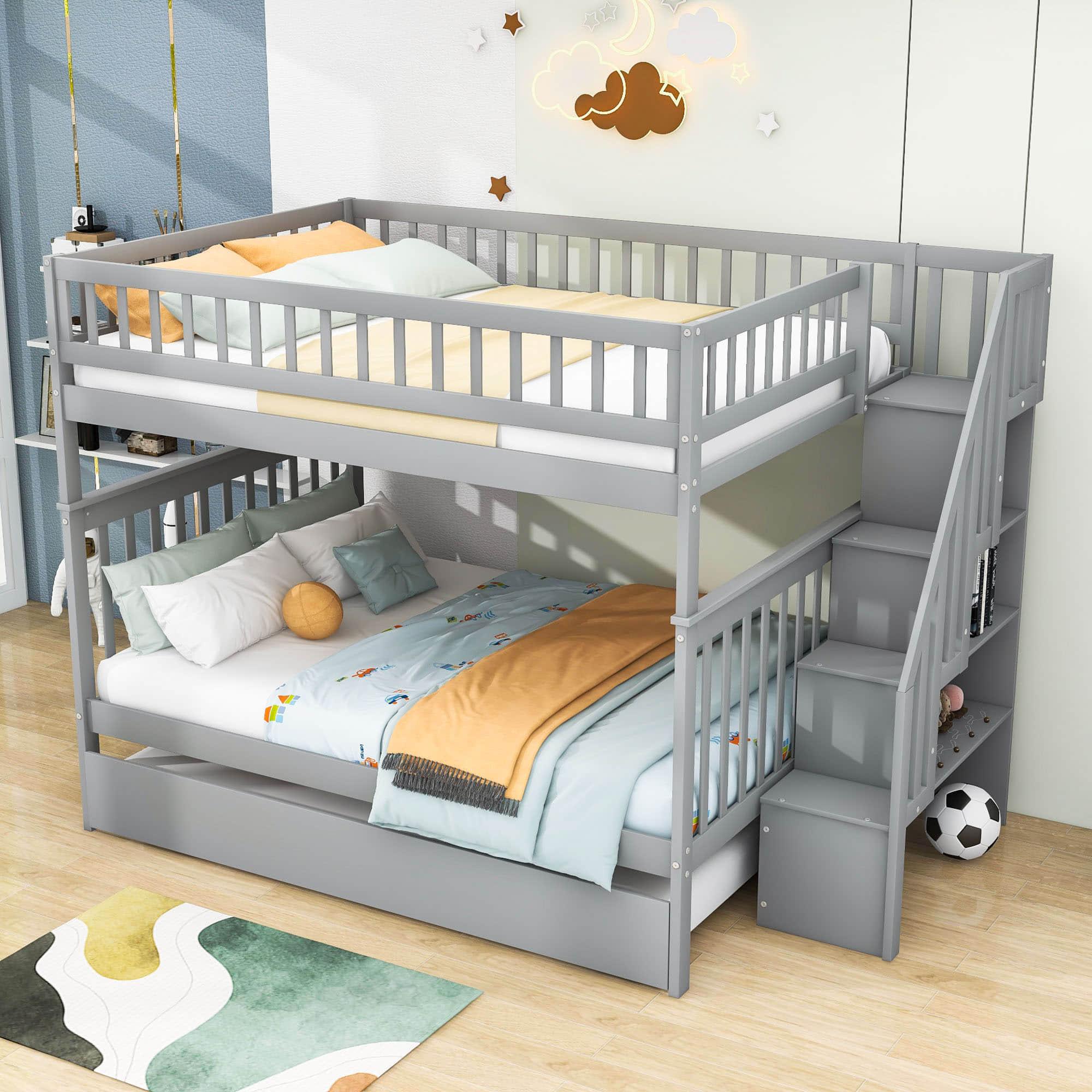 Wooden Full Size Bunk Bed with Stairs and Trundle, Storage Shelves