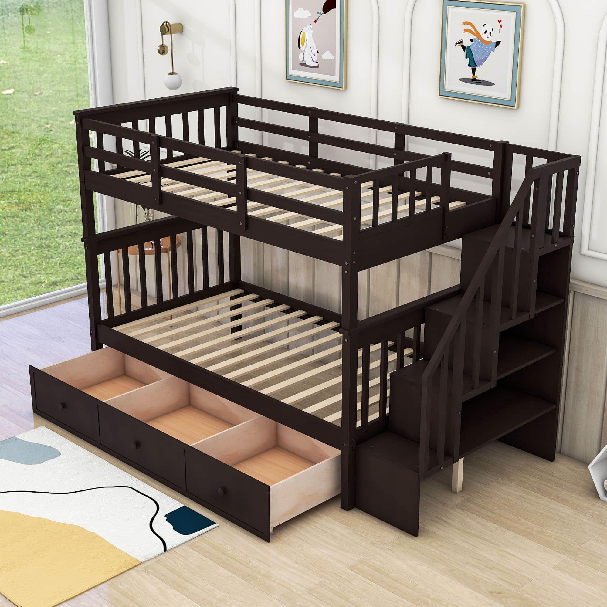 Twin Over Twin Bunk Bed With Stairs and Storage - [Drawers, Shelves, Wood]