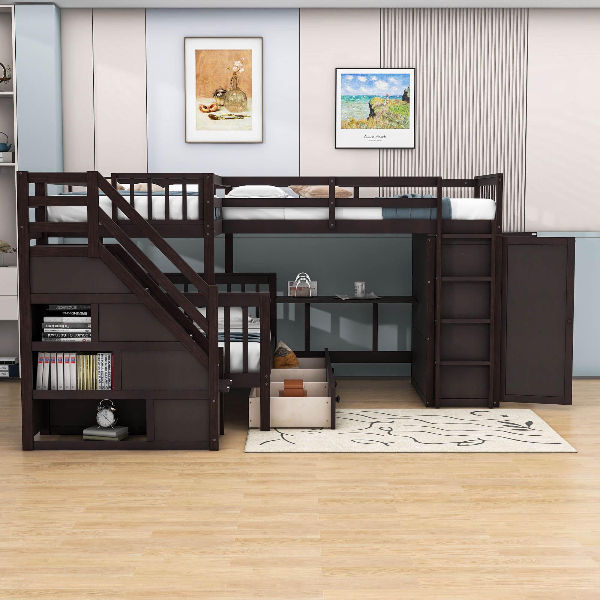 Twin Over Full Loft Triple Bunk Beds with Desk and Storage Stairs - [Drawers, Wardrobe]