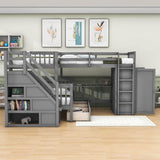 Twin Over Full Loft Triple Bunk Beds with Desk and Storage Stairs - [Drawers, Wardrobe]