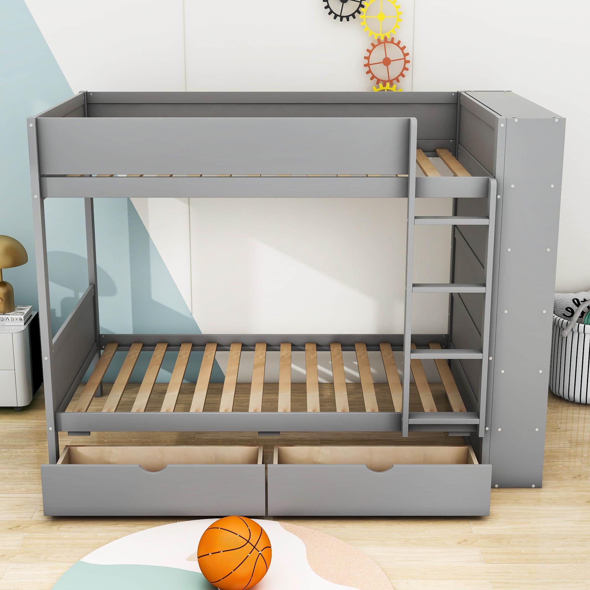 Wooden Twin Over Twin Bunk Beds with Storage Drawers, Shelves