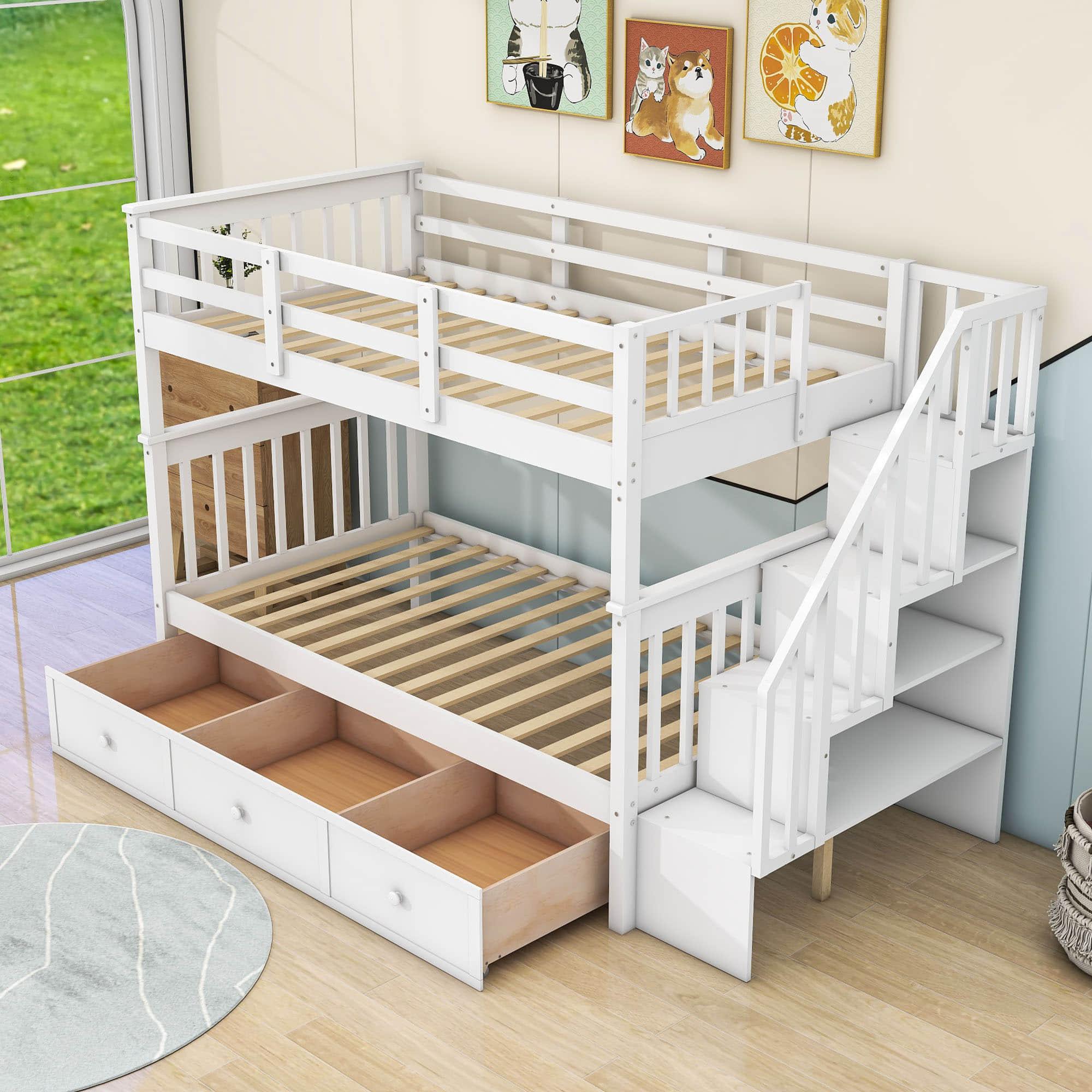 Twin Over Twin Bunk Bed With Stairs and Storage - [Drawers, Shelves, Wood]