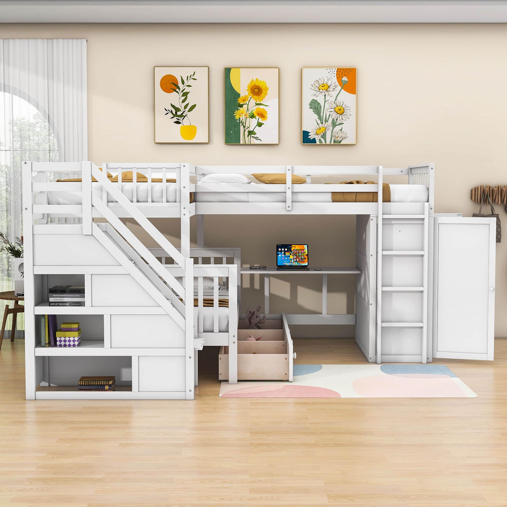 Twin Over Full Loft Triple Bunk Beds with Desk and Storage Stairs - [Drawers, Wardrobe]