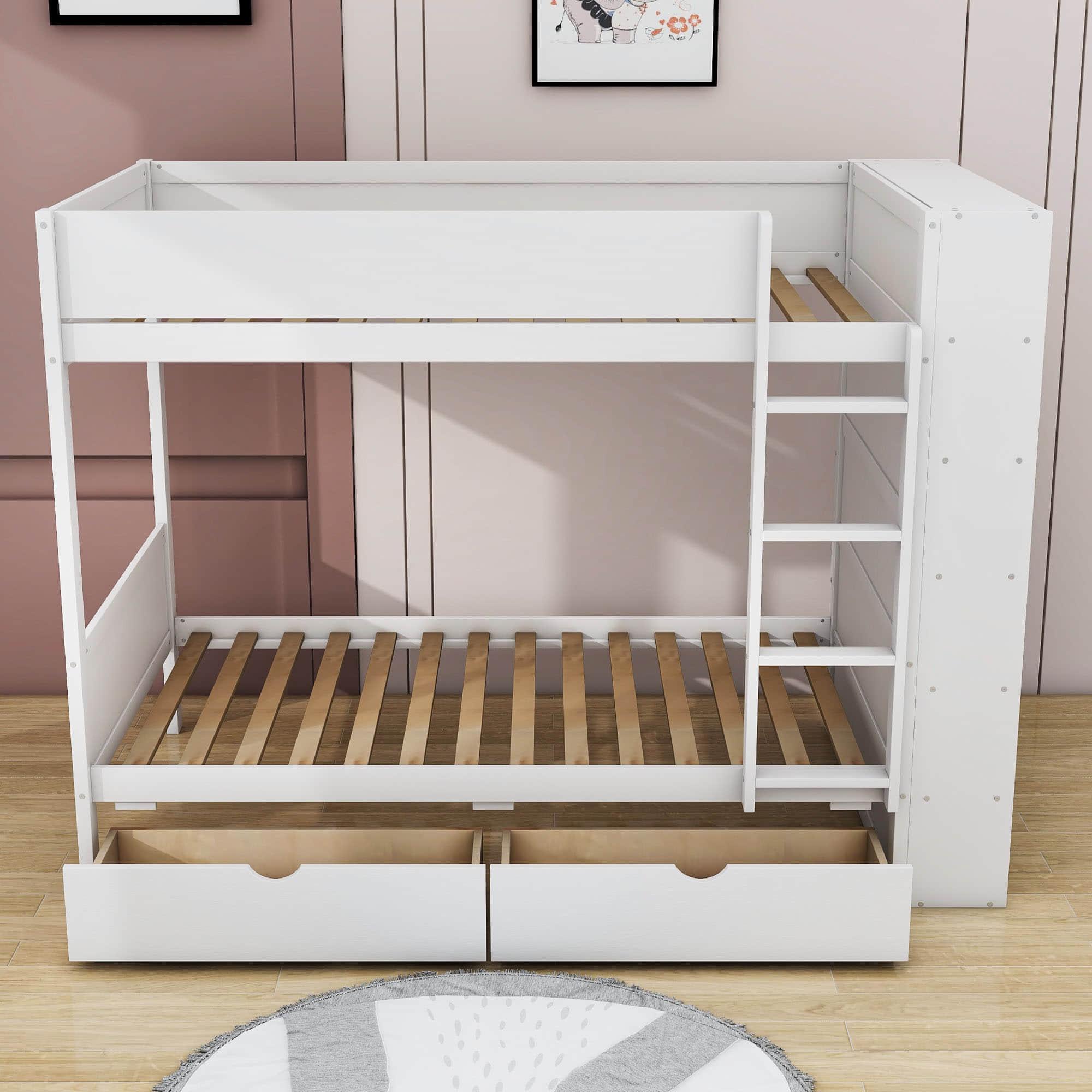 Wooden Twin Over Twin Bunk Beds with Storage Drawers, Shelves