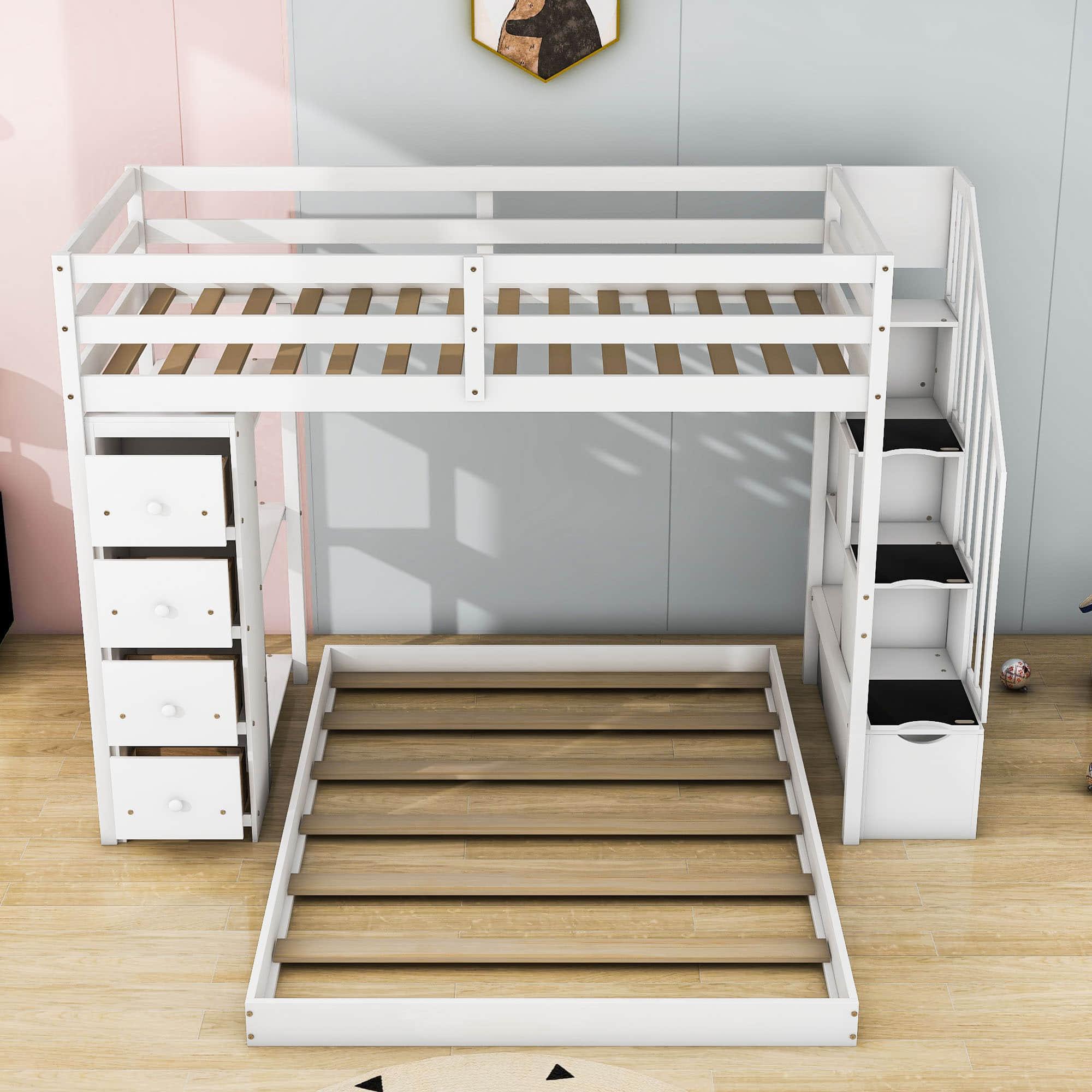 L-Shaped Twin Over Full Floor Bunk Beds for Toddlers, Kids with Stairs