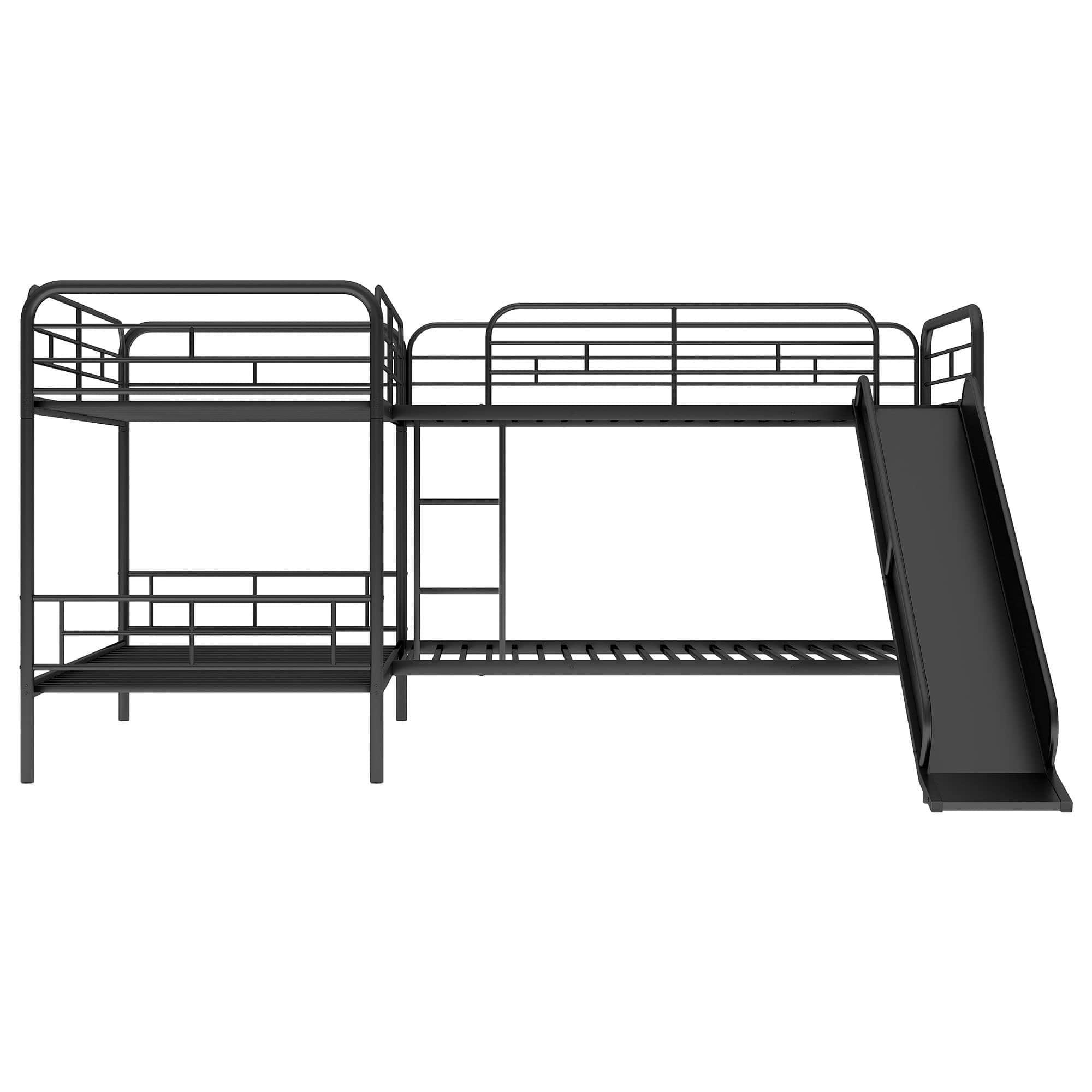 Twin Corner Quad Bunk Beds with Slide for Kids - [Metal, L-Shaped]