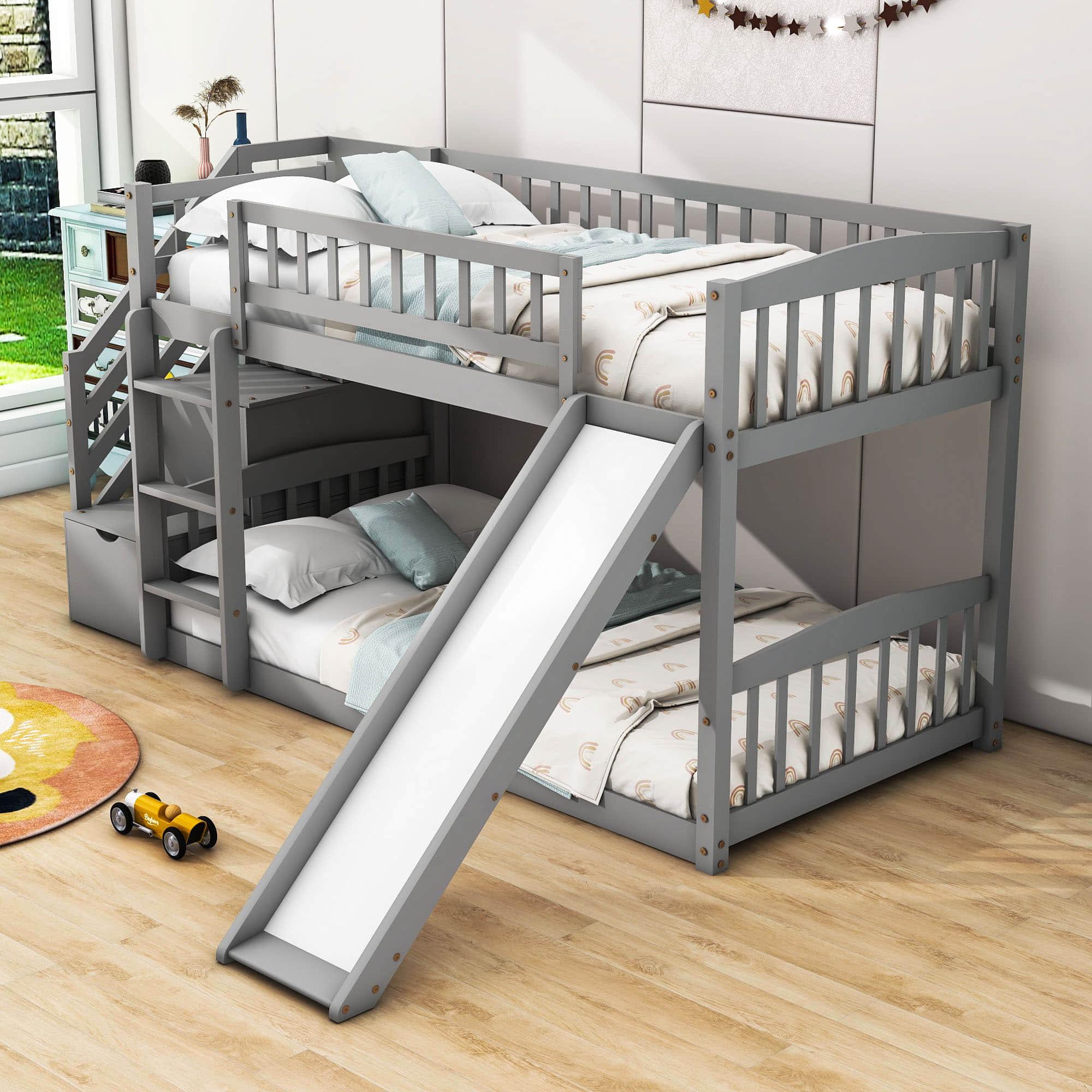 Twin Over Twin Bunk Beds with Slide and Stairs for Kids, Toddler - [Storage, Wood, Interchangeable]