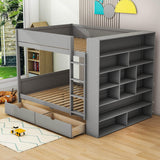 Wooden Full Over Full Bunk Beds with Storage Drawers, Shelves