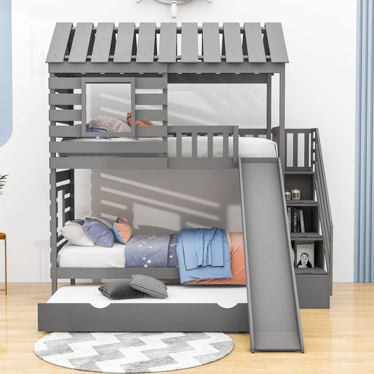 Twin Over Twin House Bunk Beds with Slide and Stairs, Trundle for Kids - [Wooden]