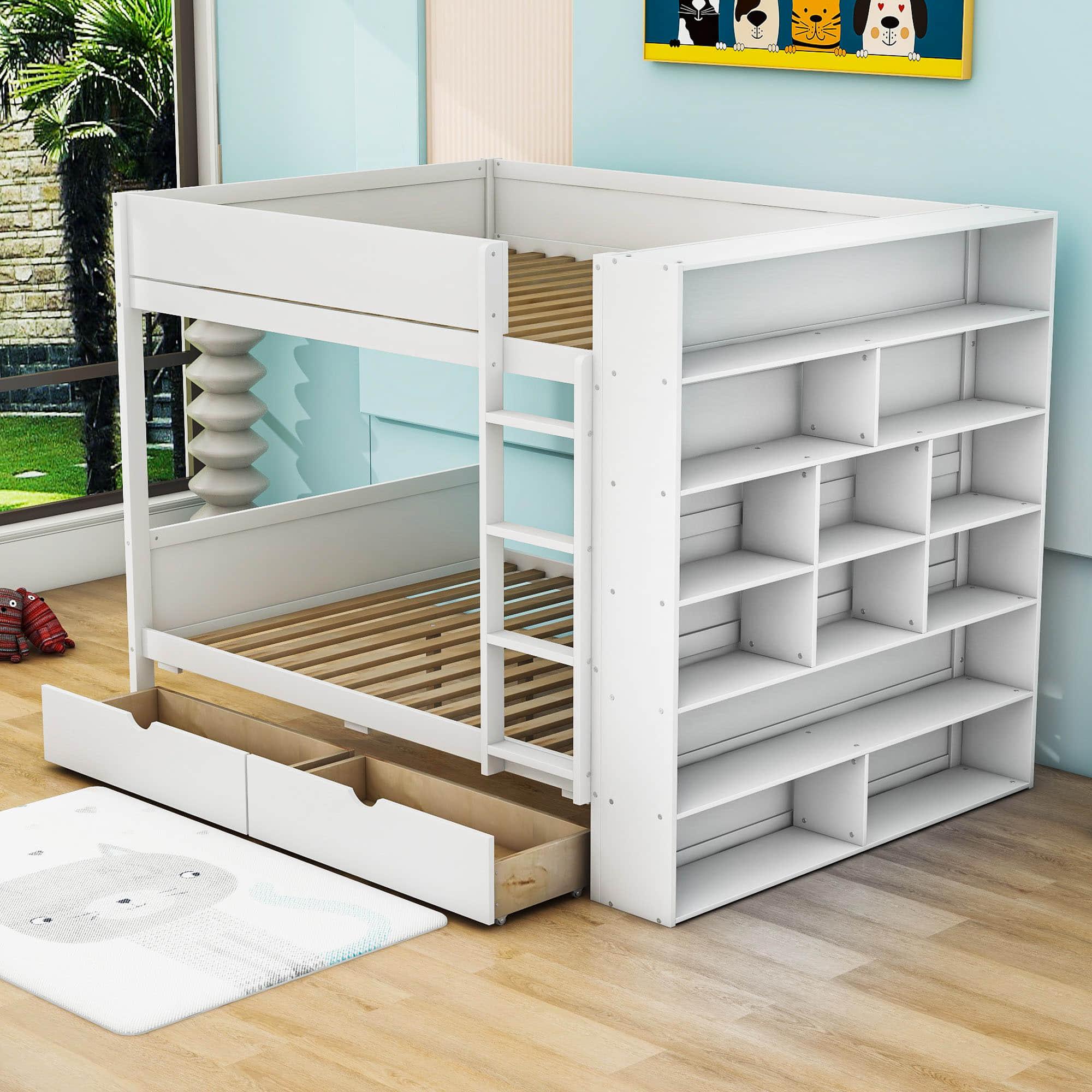 Wooden Full Over Full Bunk Beds with Storage Drawers, Shelves