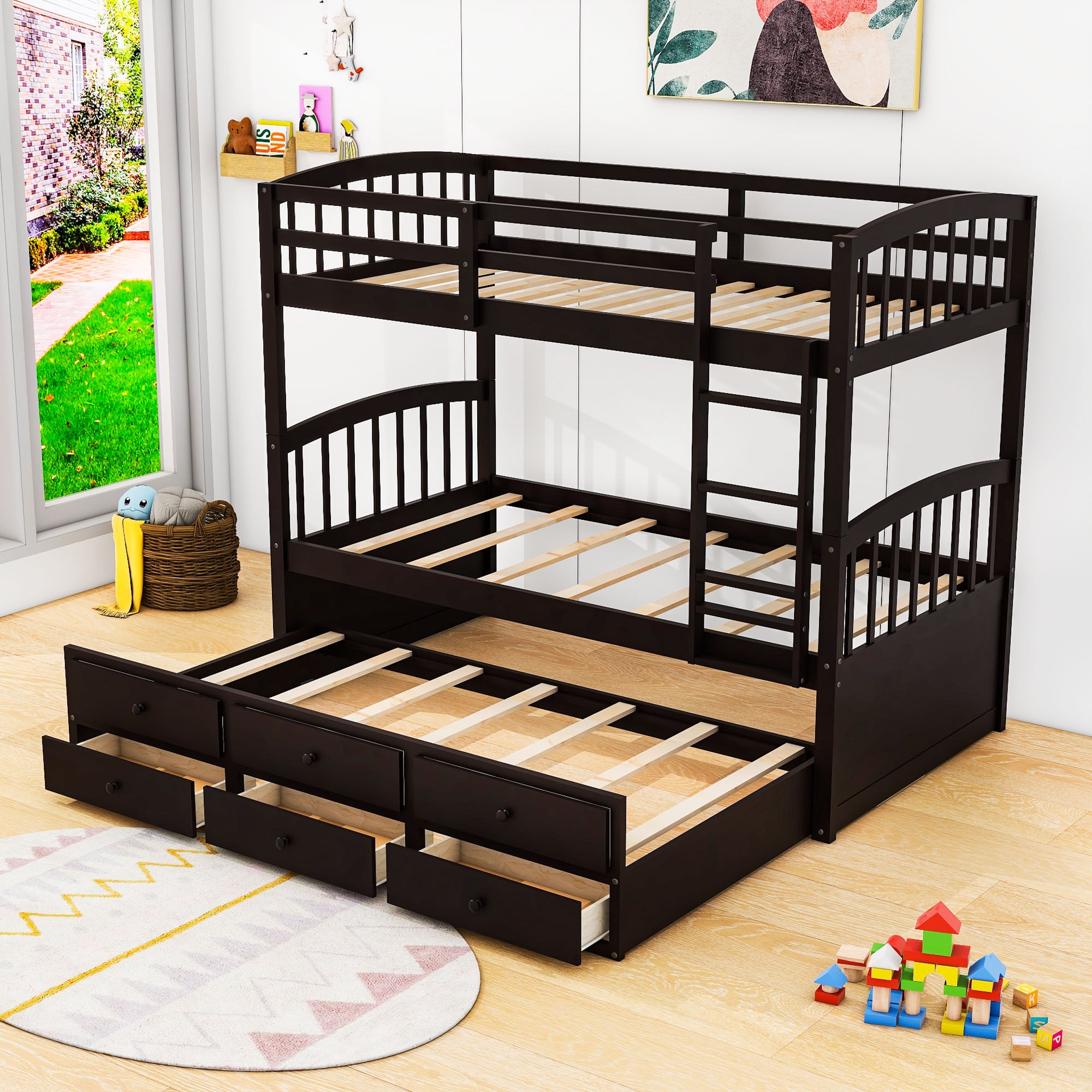 Convertible Twin Over Twin Bunk Beds for Kids Adults with Trundle and Storage - [Wood, Drawers]