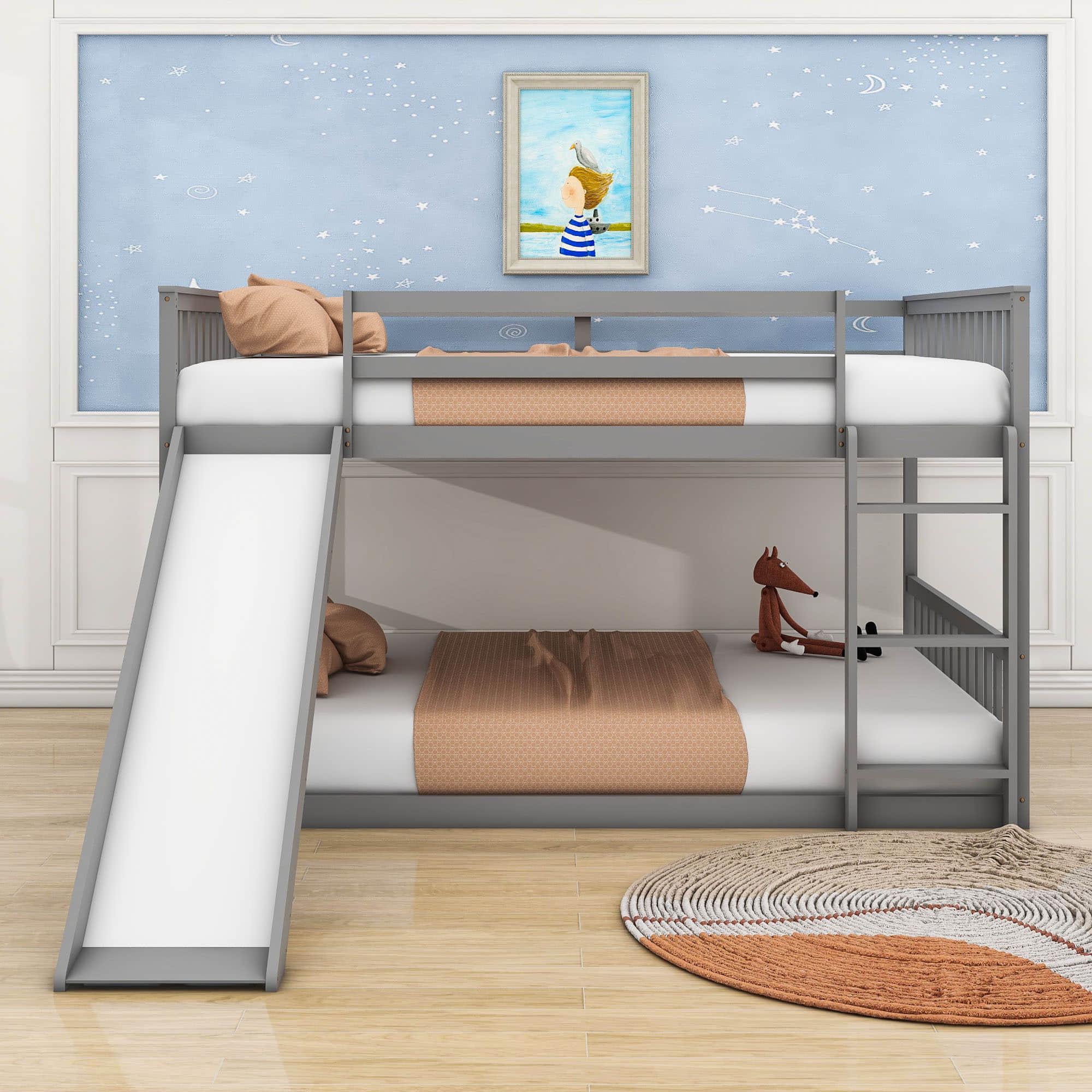 Low Full Over Full Bunk Beds with Slide for Kids Toddler - [Wood, Floor]