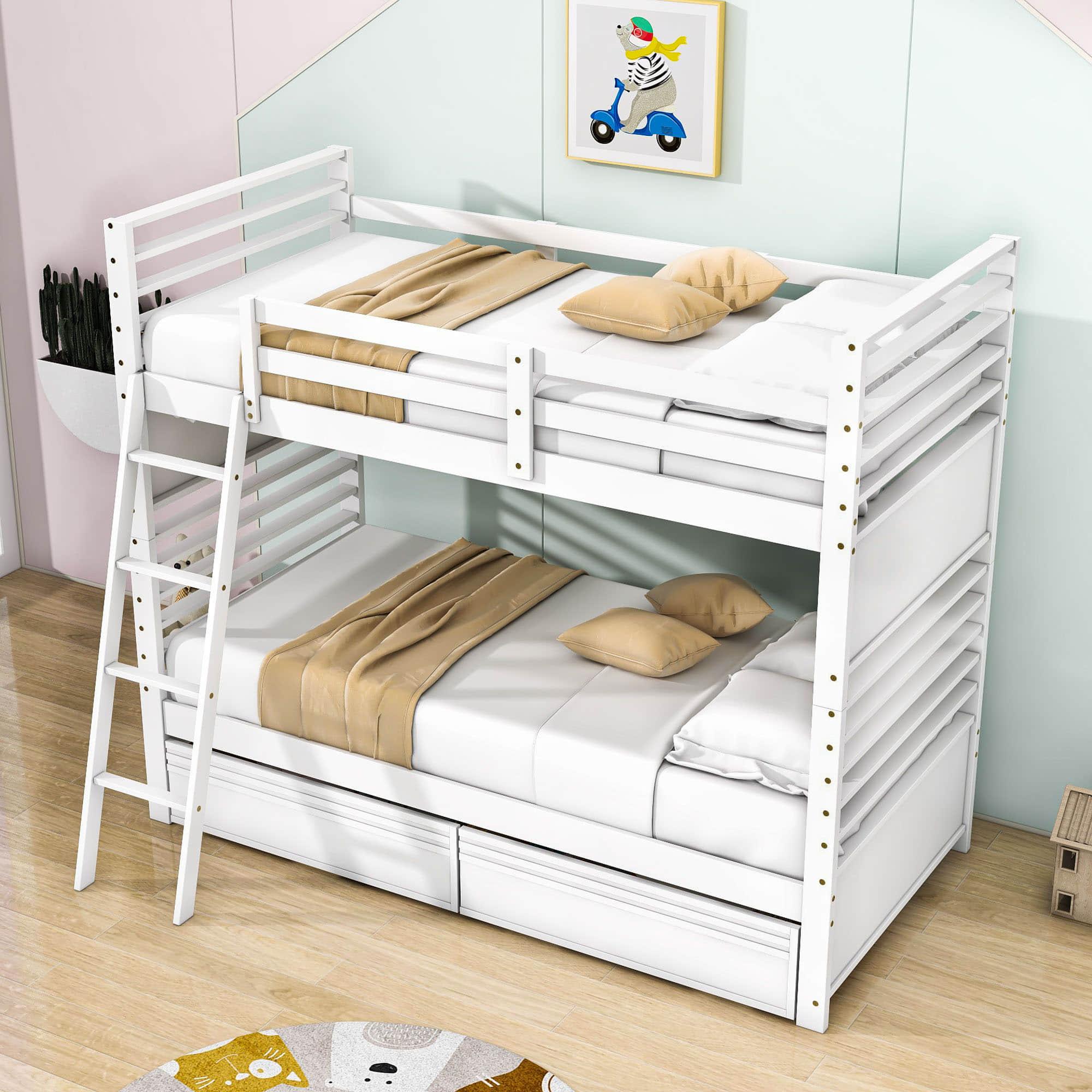 Convertible Twin Over Twin Wooden Bunk Beds with Storage Drawers