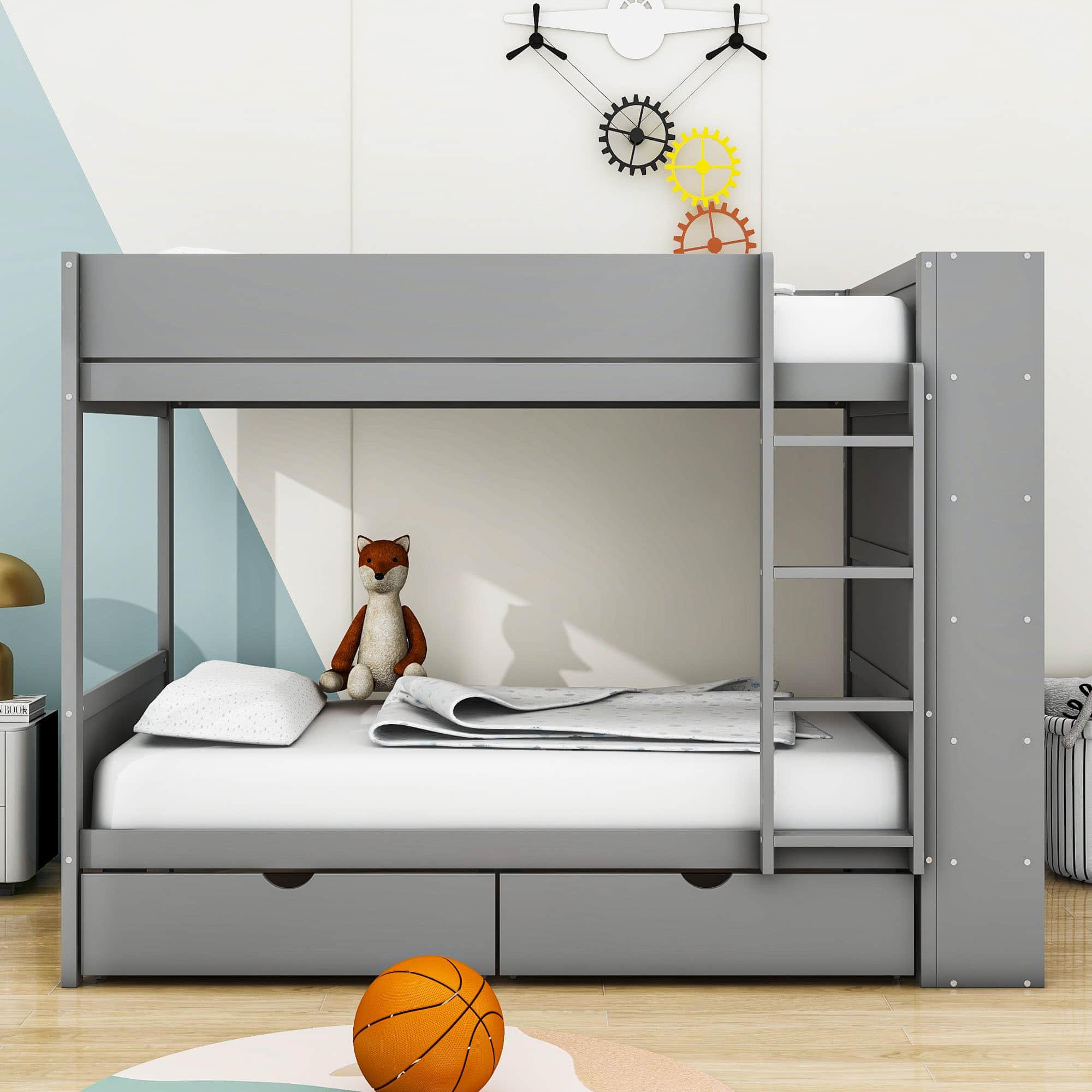 Wooden Twin Over Twin Bunk Beds with Storage Drawers, Shelves