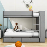 Wooden Twin Over Twin Bunk Beds with Storage Drawers, Shelves