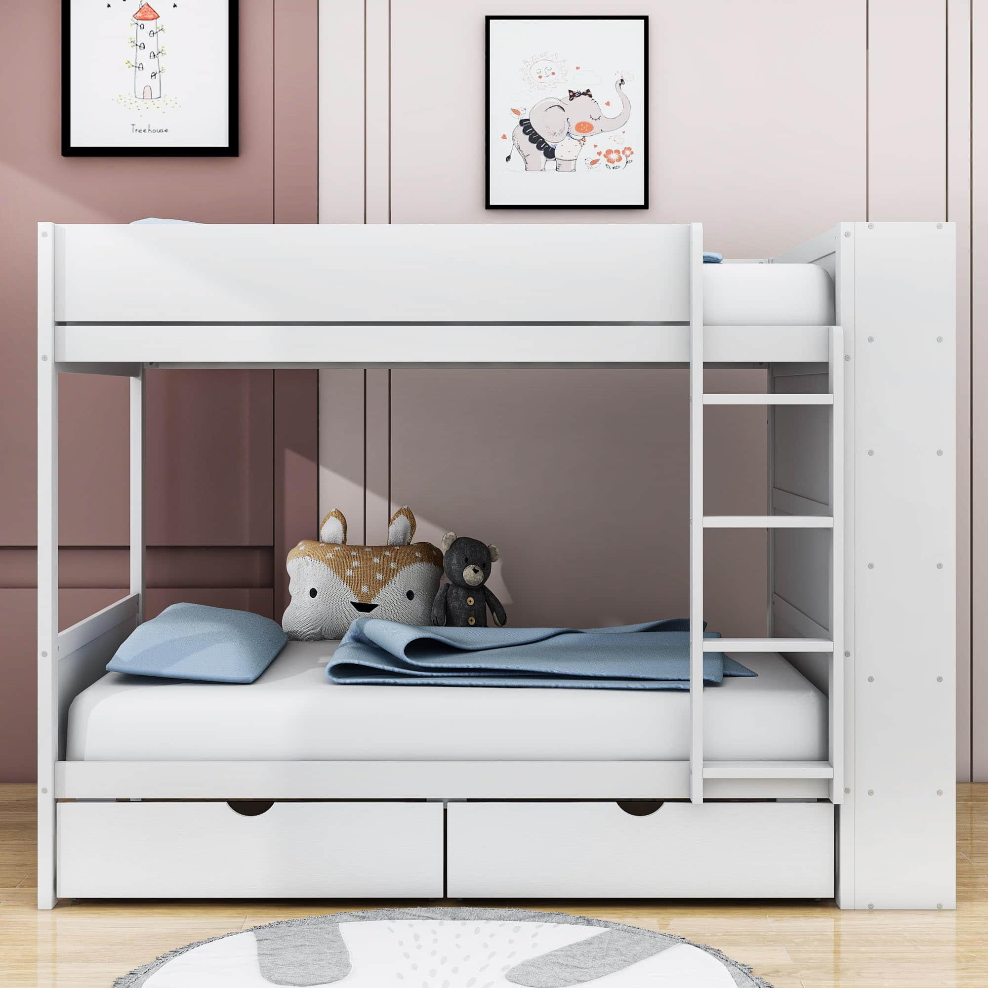 Wooden Twin Over Twin Bunk Beds with Storage Drawers, Shelves