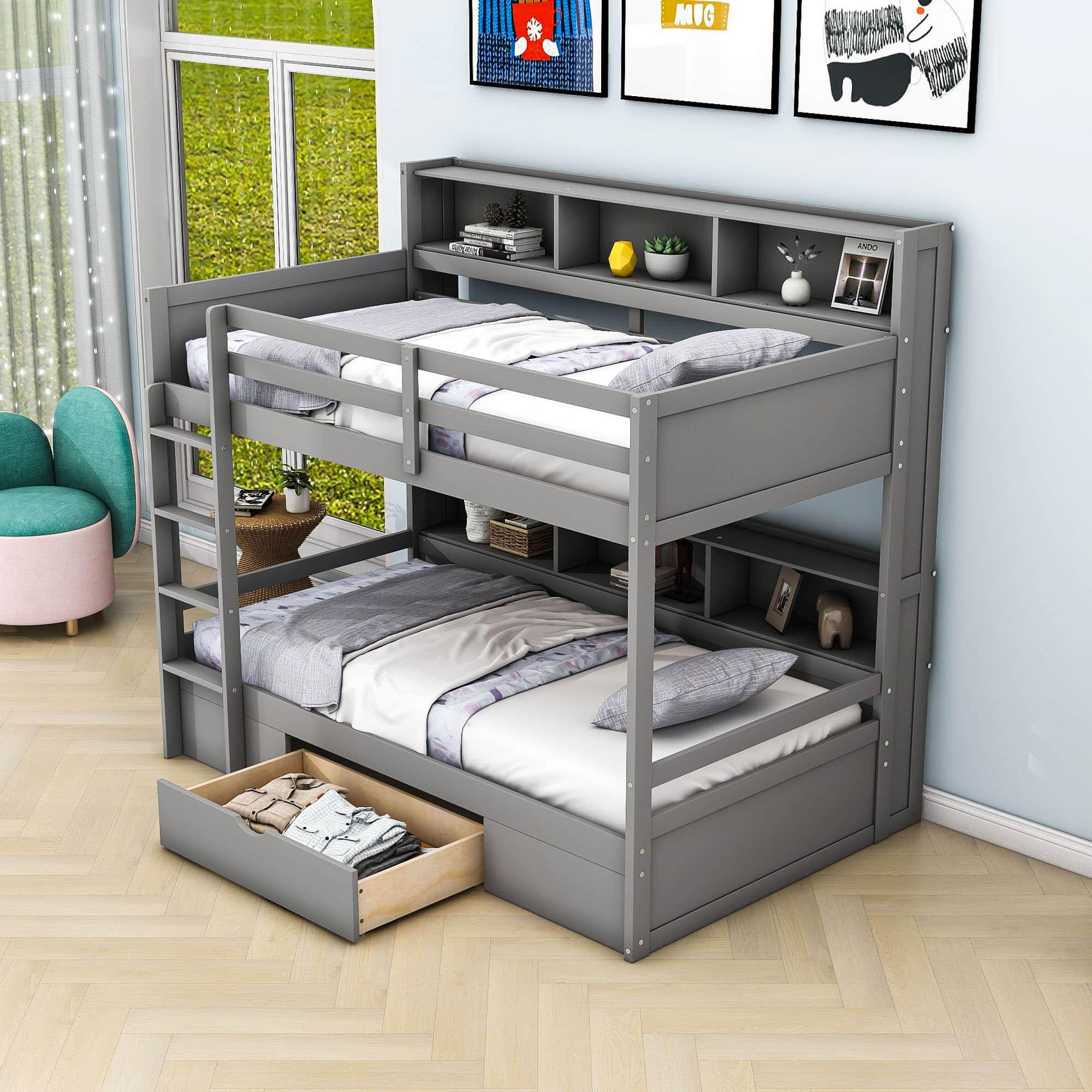 Twin Over Twin Bunk Beds with Storage Drawers and Shelves for Kids Adults - [Wooden]