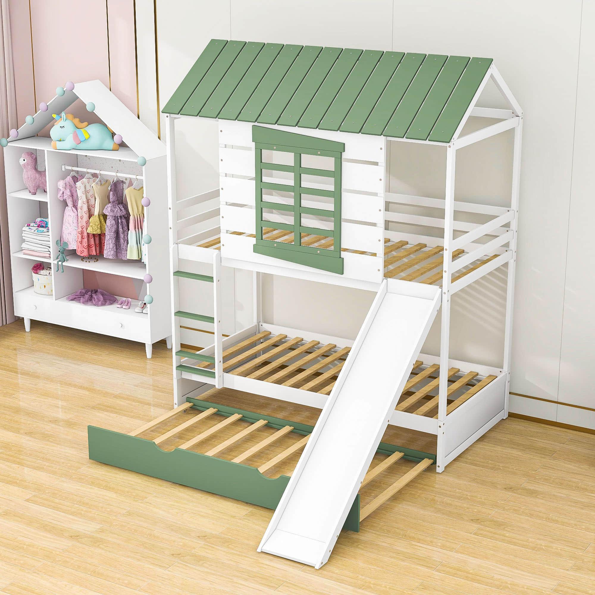 White Twin Over Twin House Bunk Beds with Slide and Trundle - [Wooden, Convertible]