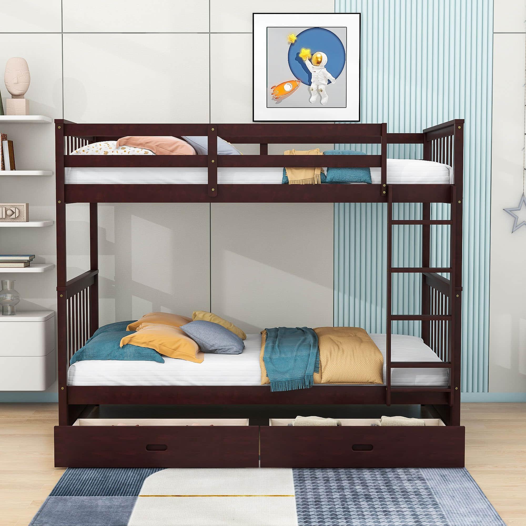 Wooden Twin Over Twin Bunk Beds with Storage Drawers - [Convertible]