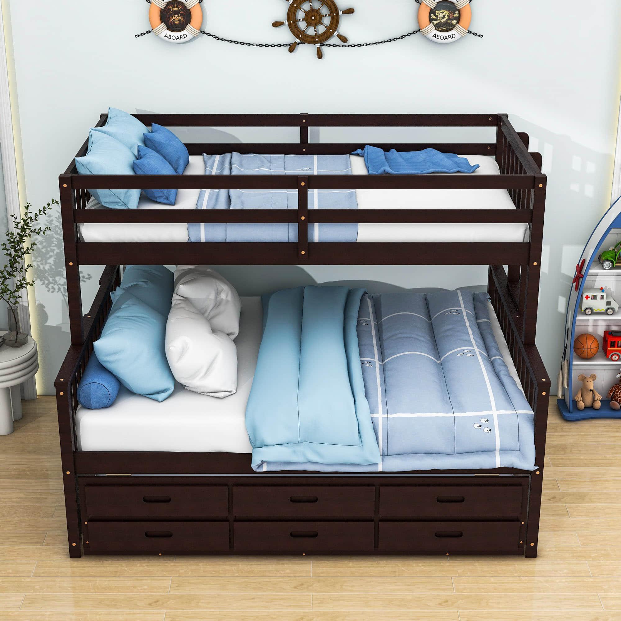 Wooden Twin Over Full Convertible Bunk Beds with Trundle and Storage