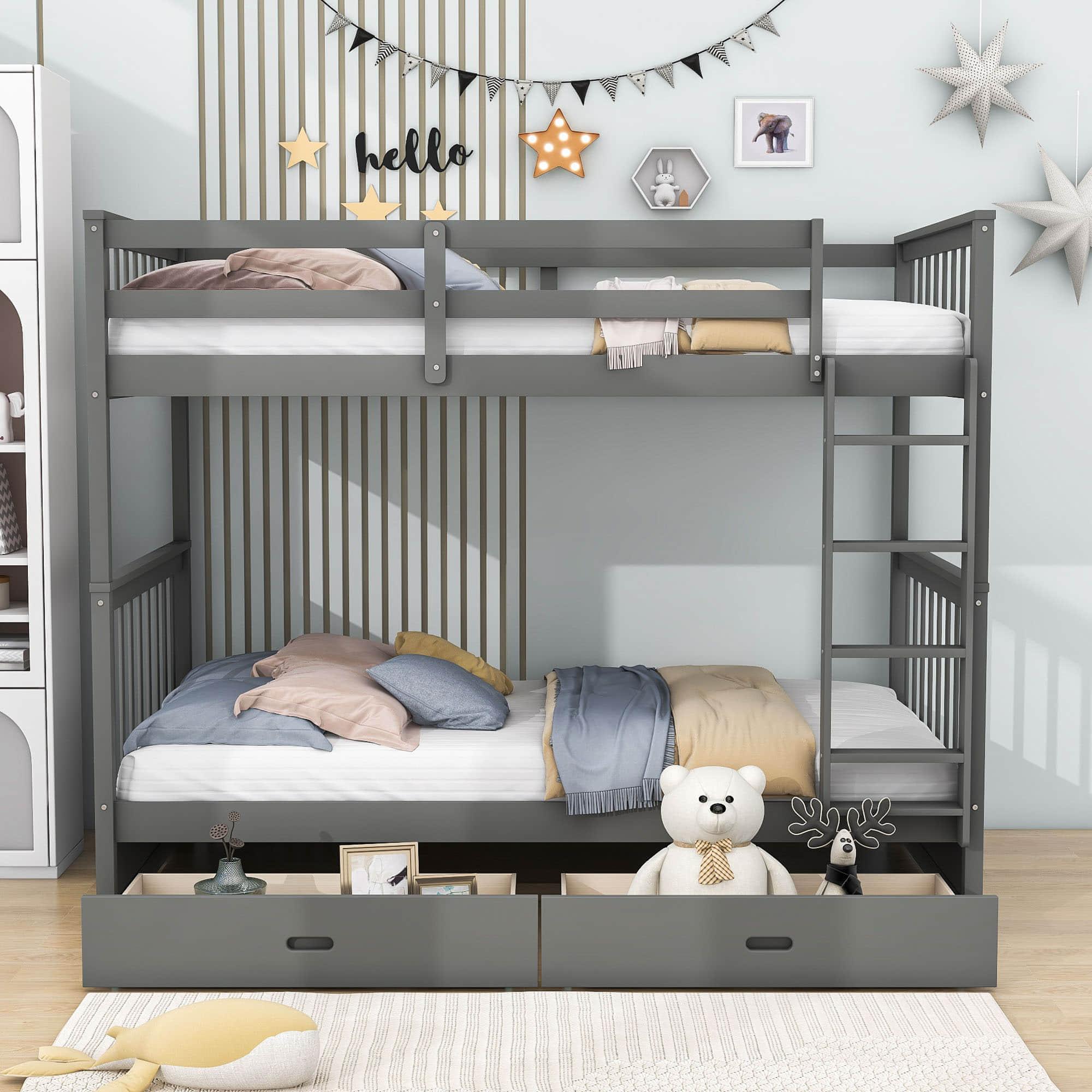 Wooden Twin Over Twin Bunk Beds with Storage Drawers - [Convertible]