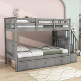 Twin Over Twin Bunk Bed With Stairs and Storage - [Drawers, Shelves, Wood]