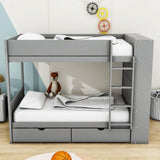 Wooden Twin Over Twin Bunk Beds with Storage Drawers, Shelves